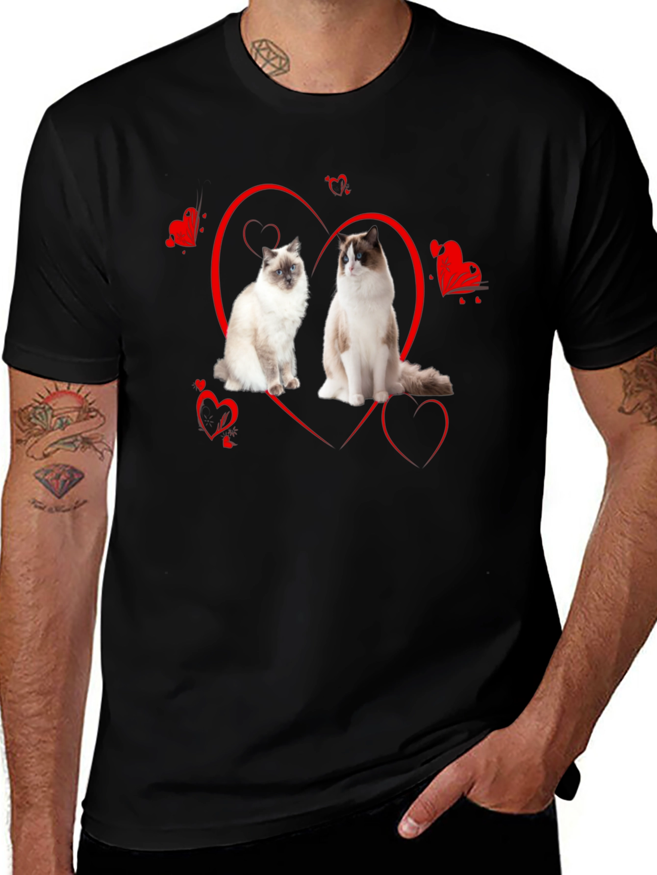 Cute Ragdoll Cats Heart Valentines Day Black T-Shirt