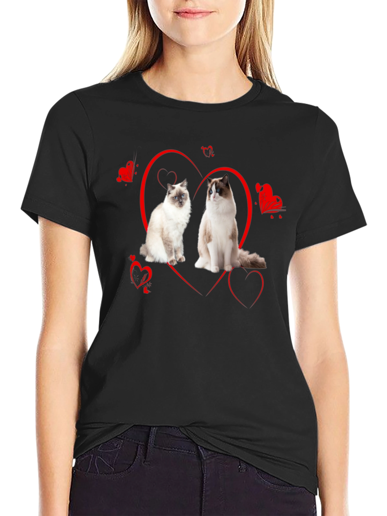 Cute Ragdoll Cats Heart Valentines Day Black T-Shirt