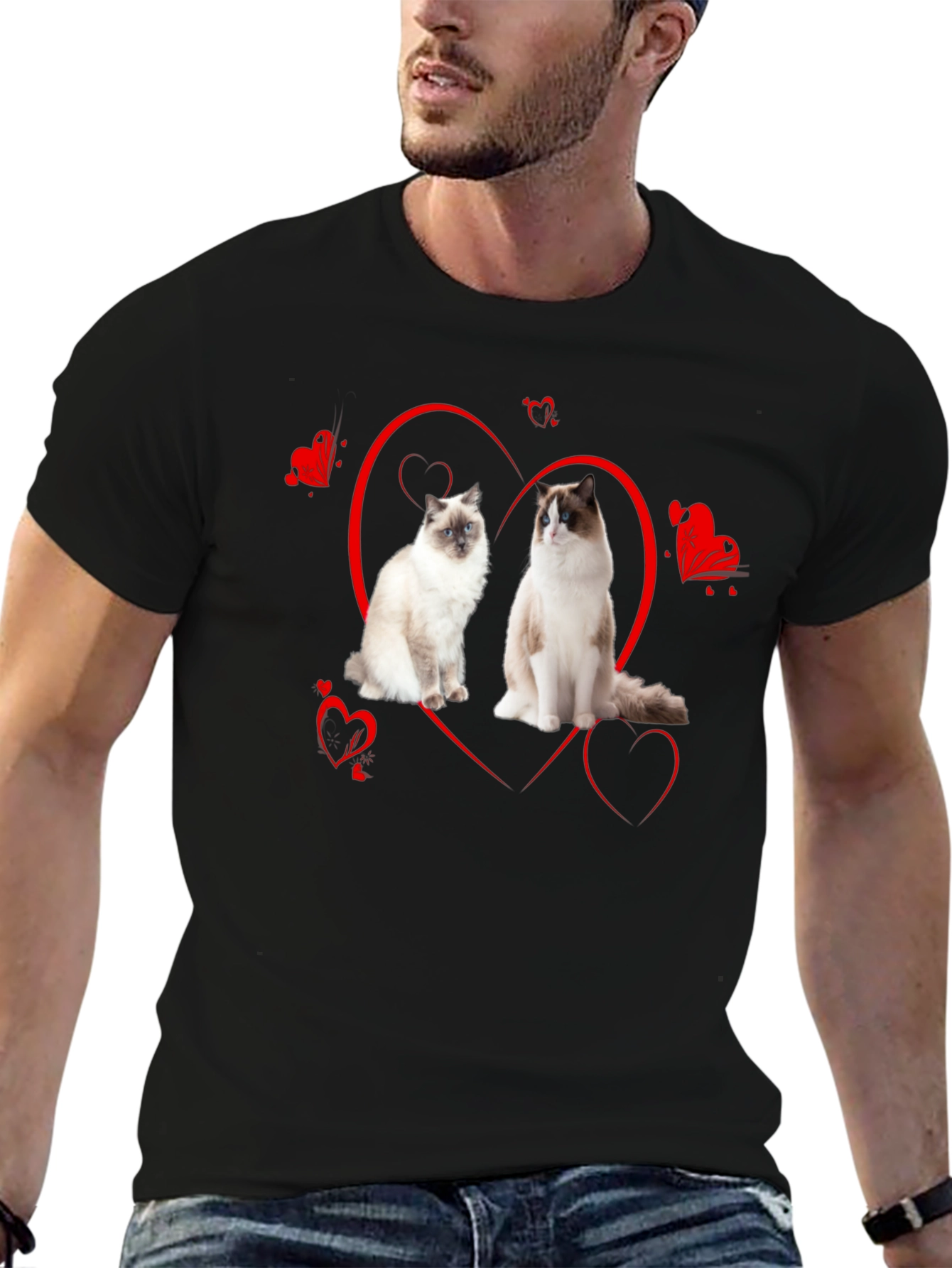 Cute Ragdoll Cats Heart Valentines Day Black T-Shirt