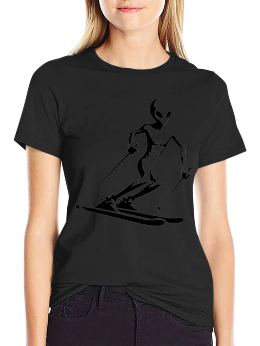 Alien Skiing Graphic T-Shirt - Black