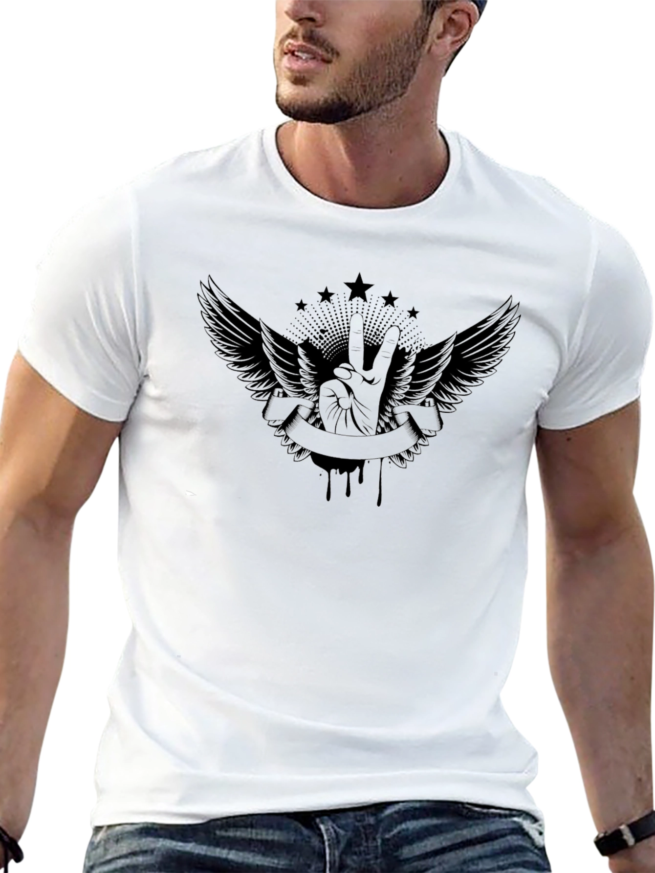 Black Graphic Tee - Peace and Wings Design