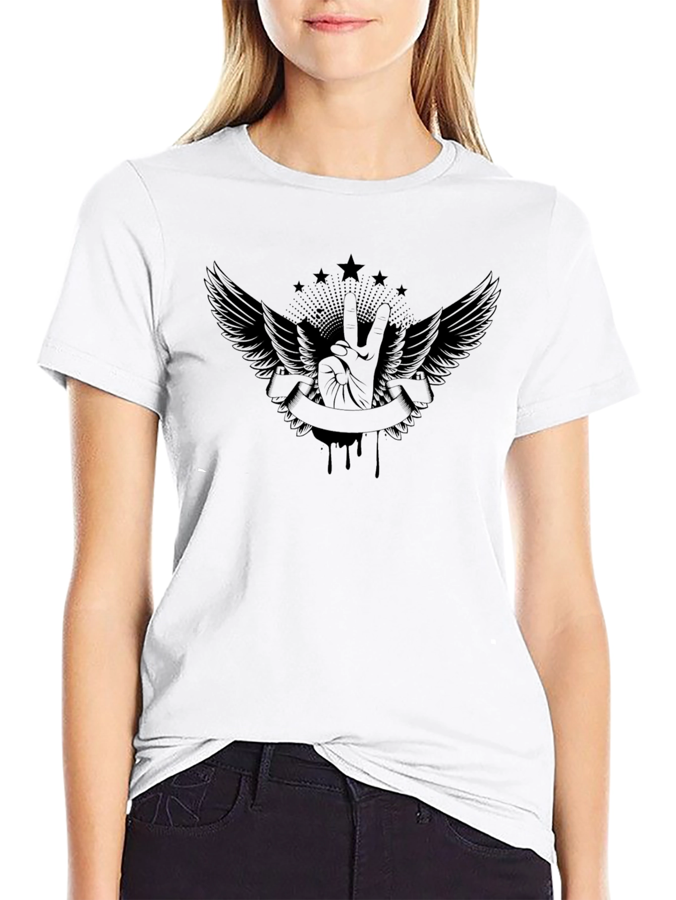 Black Graphic Tee - Peace and Wings Design