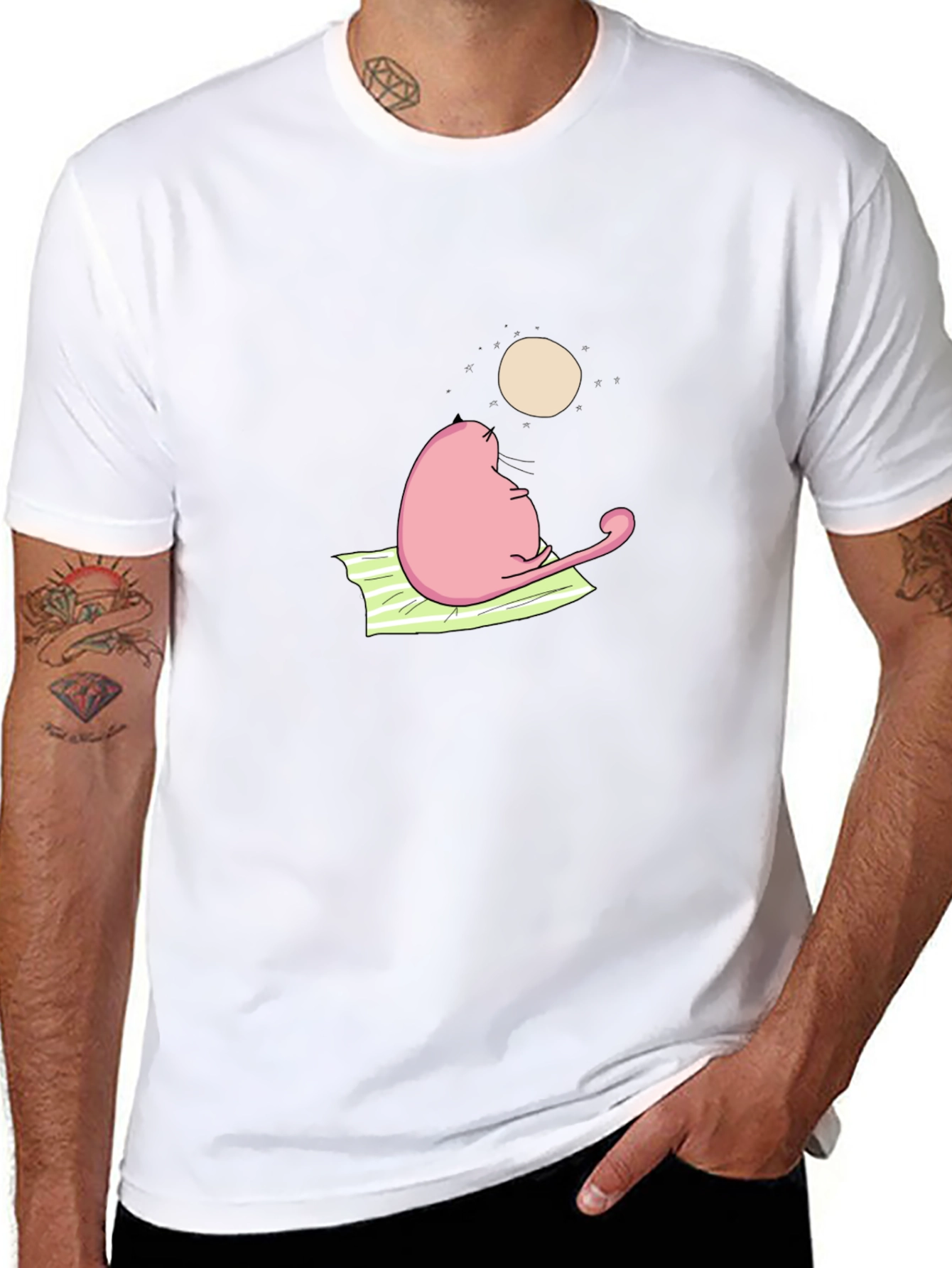Pink Cat Moon Gazing Black T-Shirt