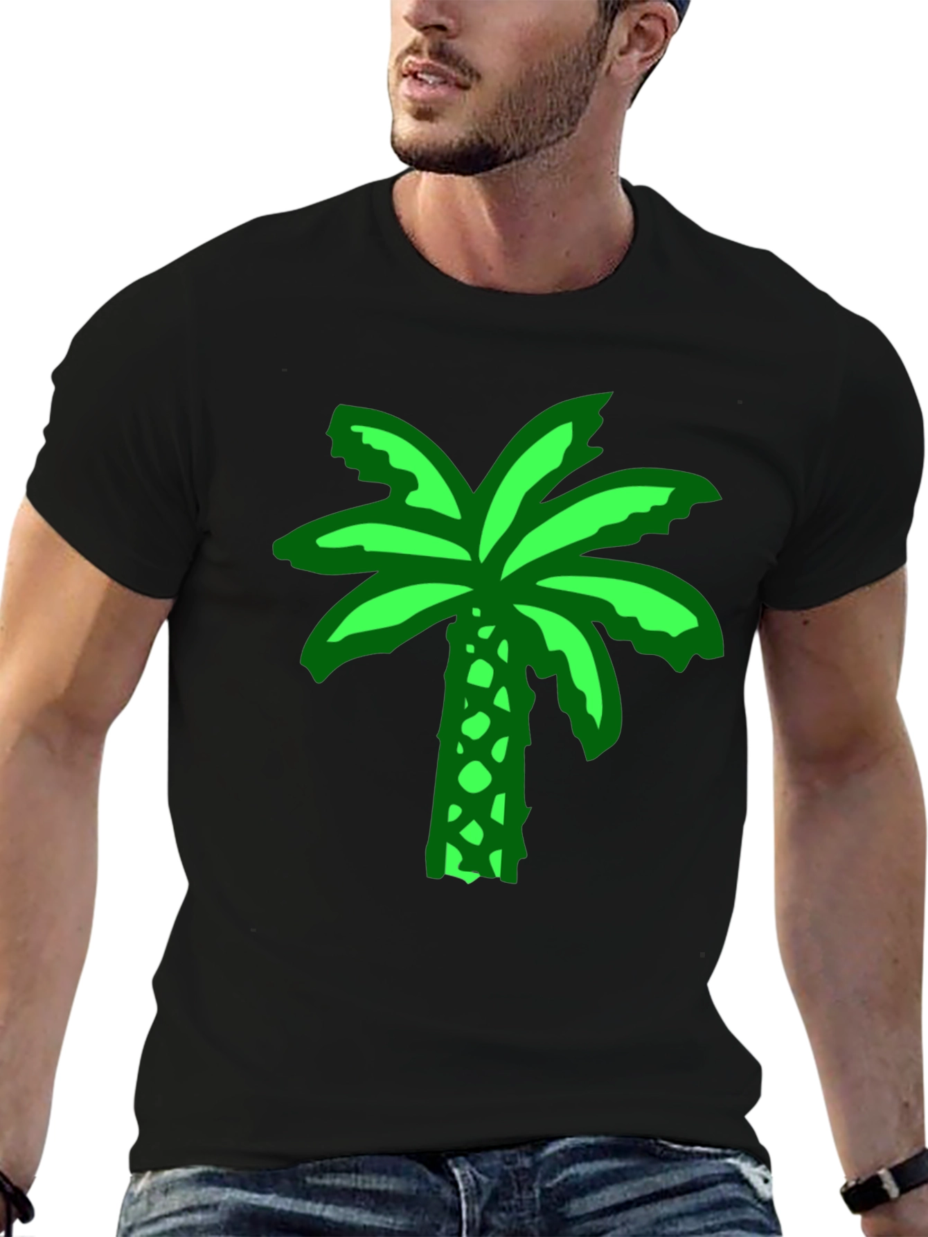Green Palm Tree Graphic Black T-Shirt