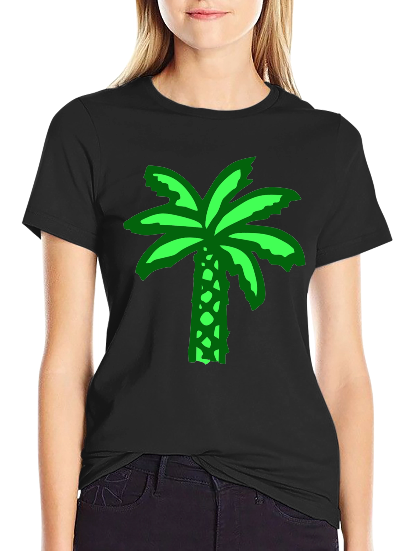 Green Palm Tree Graphic Black T-Shirt