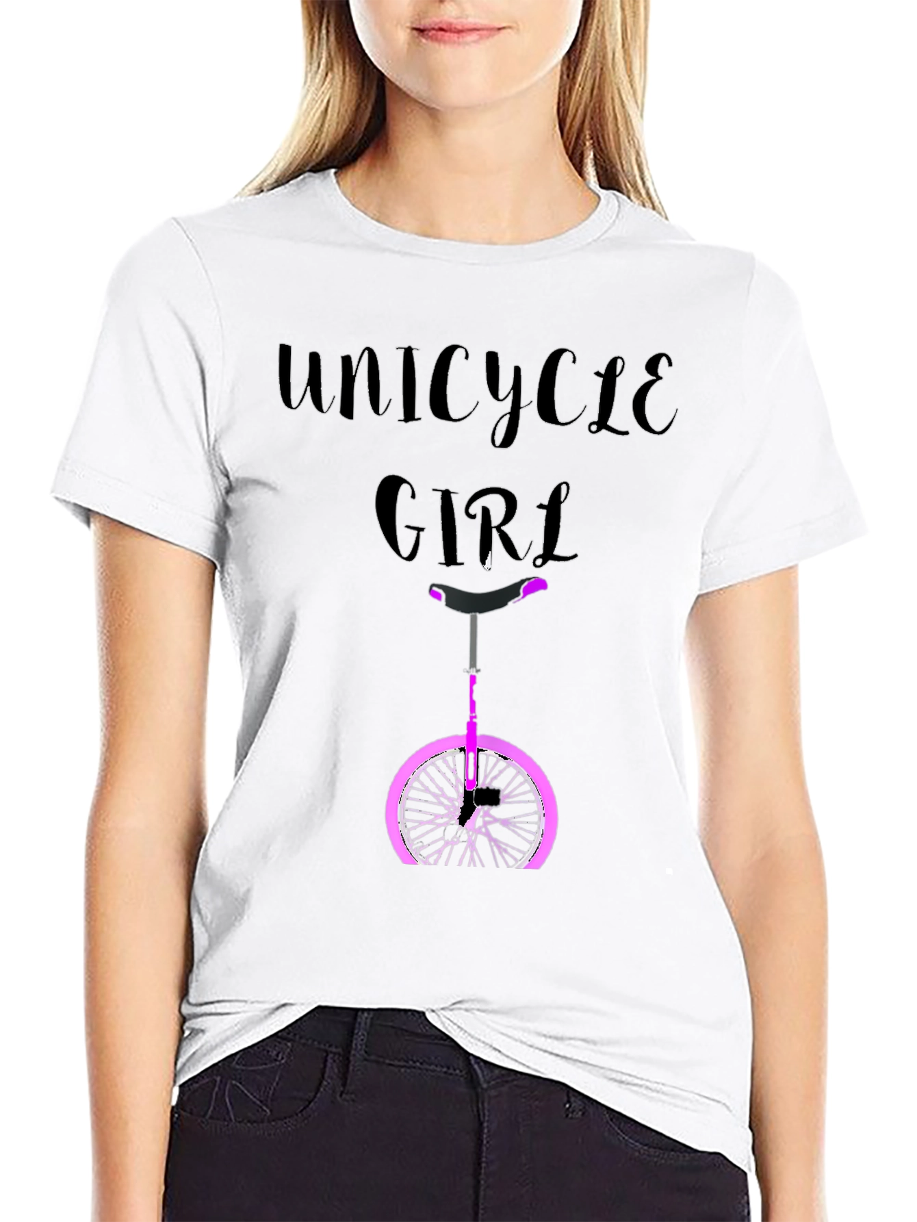 Unicycle Girl Graphic Tee - Black Cotton Casual T-Shirt