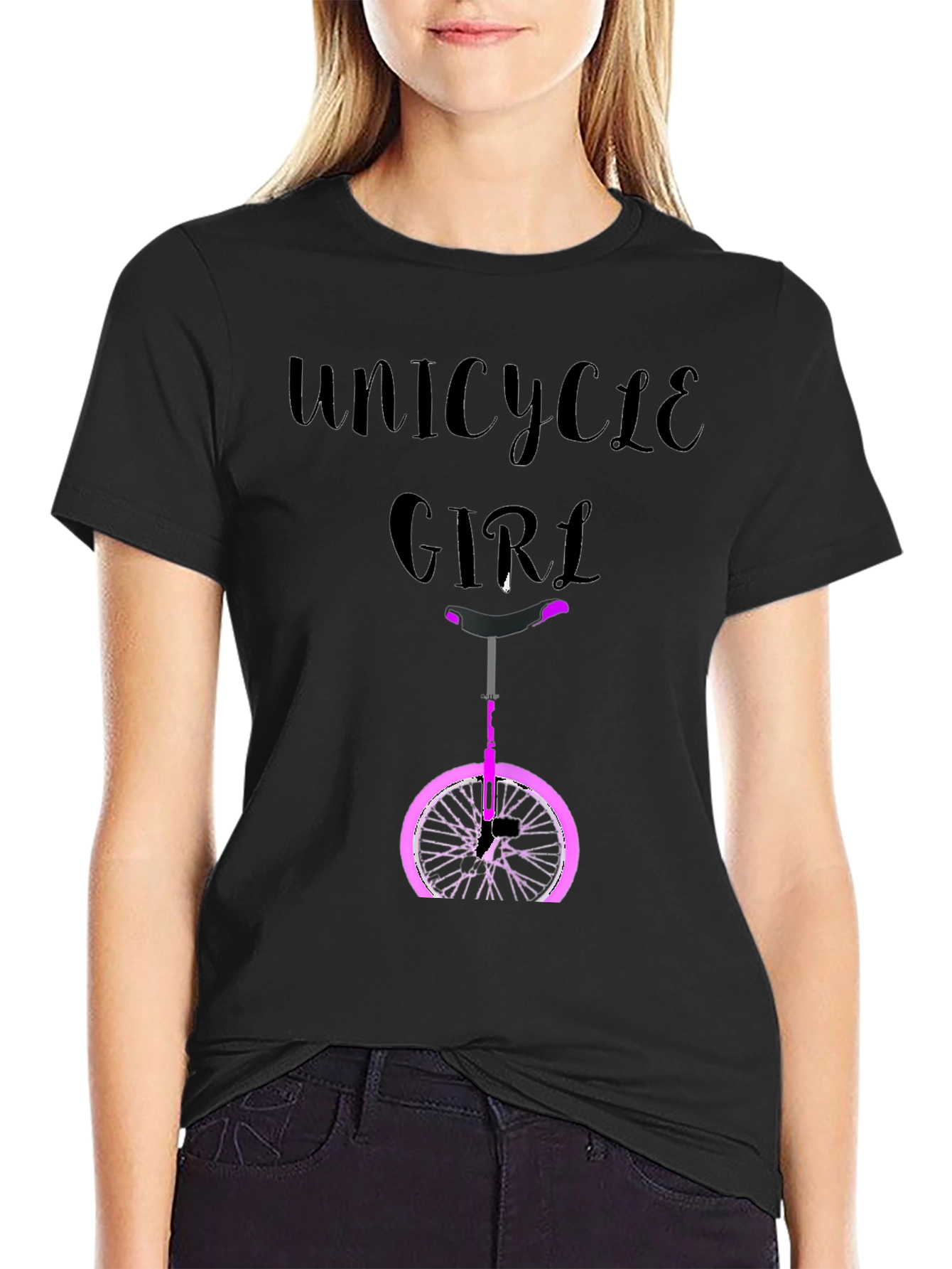 Unicycle Girl Graphic Tee - Black Cotton Casual T-Shirt