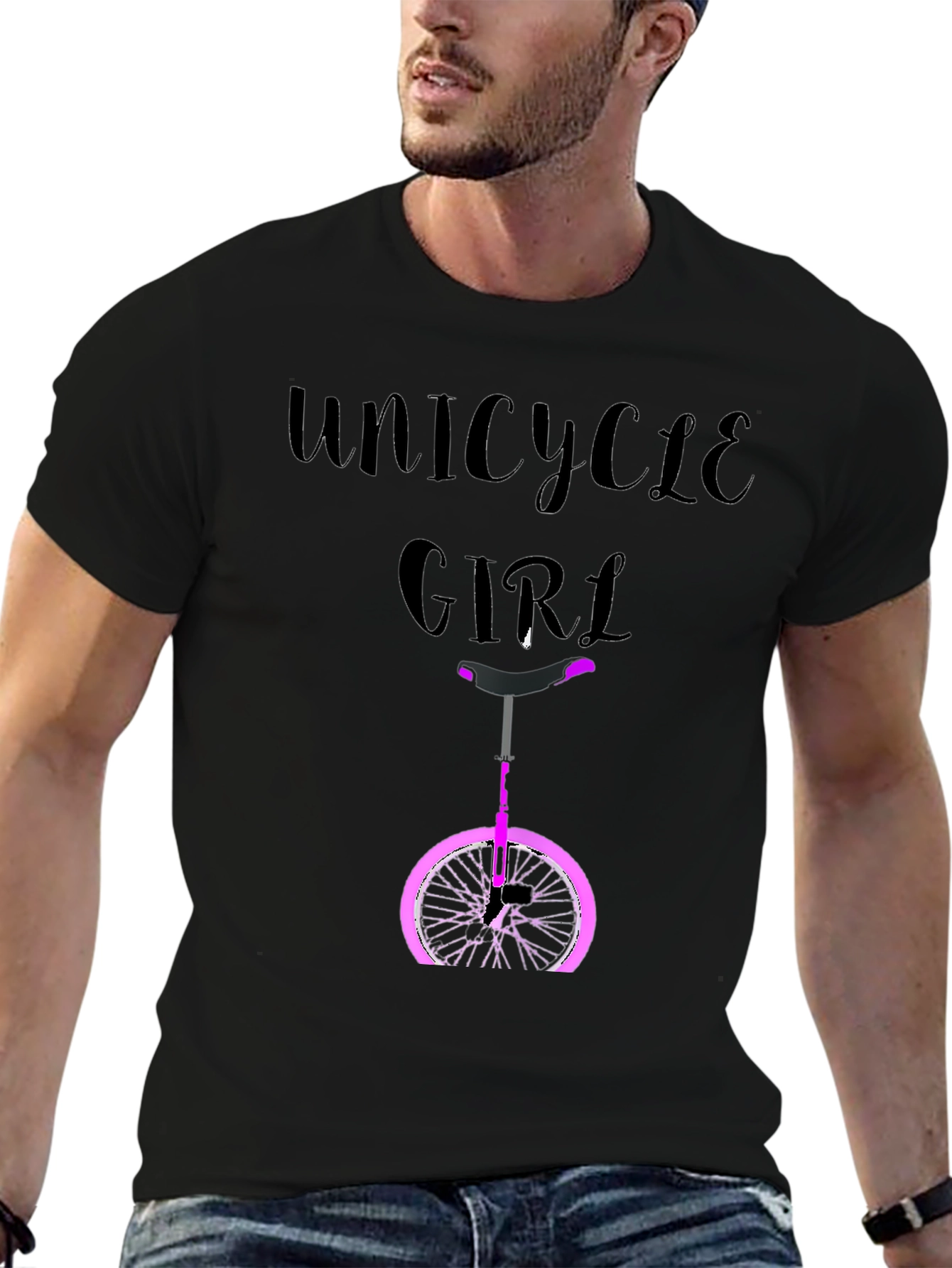 Unicycle Girl Graphic Tee - Black Cotton Casual T-Shirt