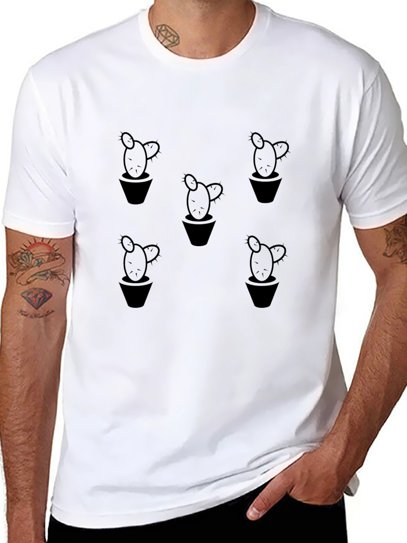 Black Cactus Print Crew Neck T-Shirt