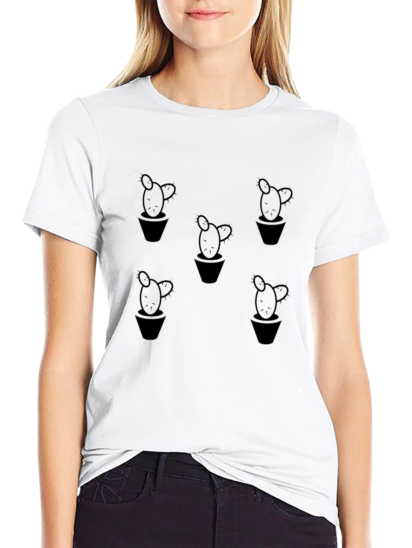 Black Cactus Print Crew Neck T-Shirt