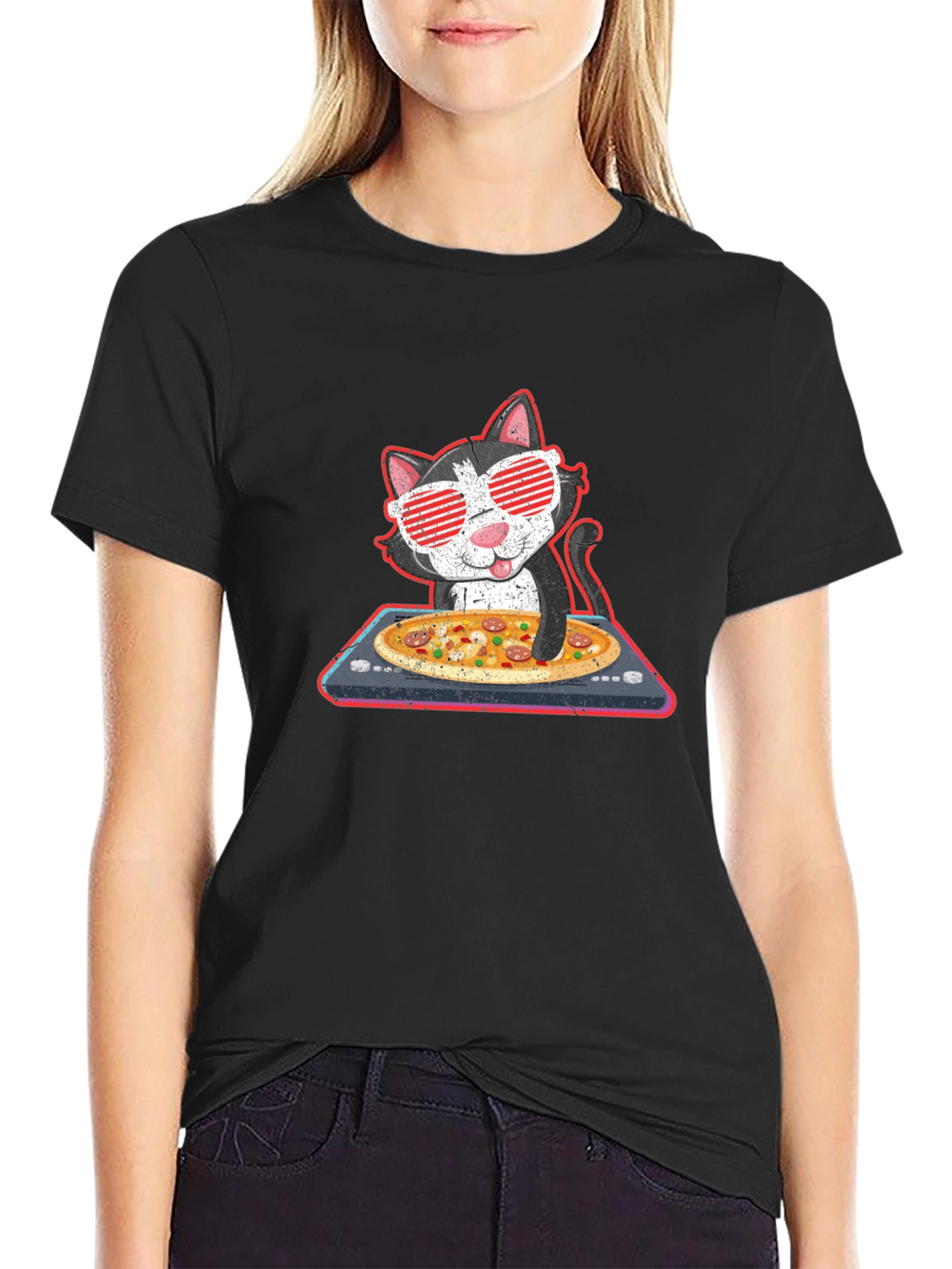 DJ Cat Pizza Party Graphic T-Shirt