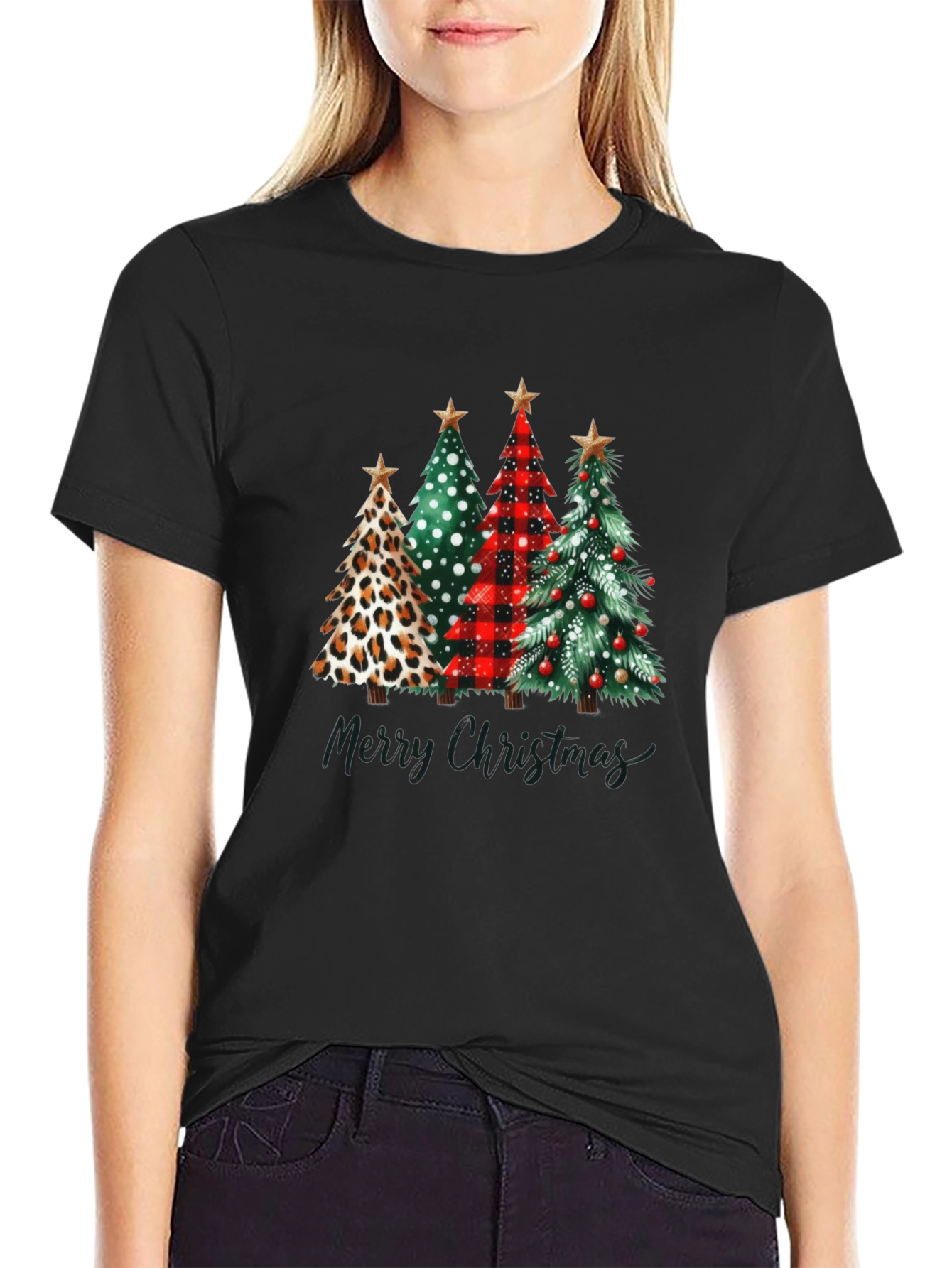 Merry Christmas Trees Black T-Shirt