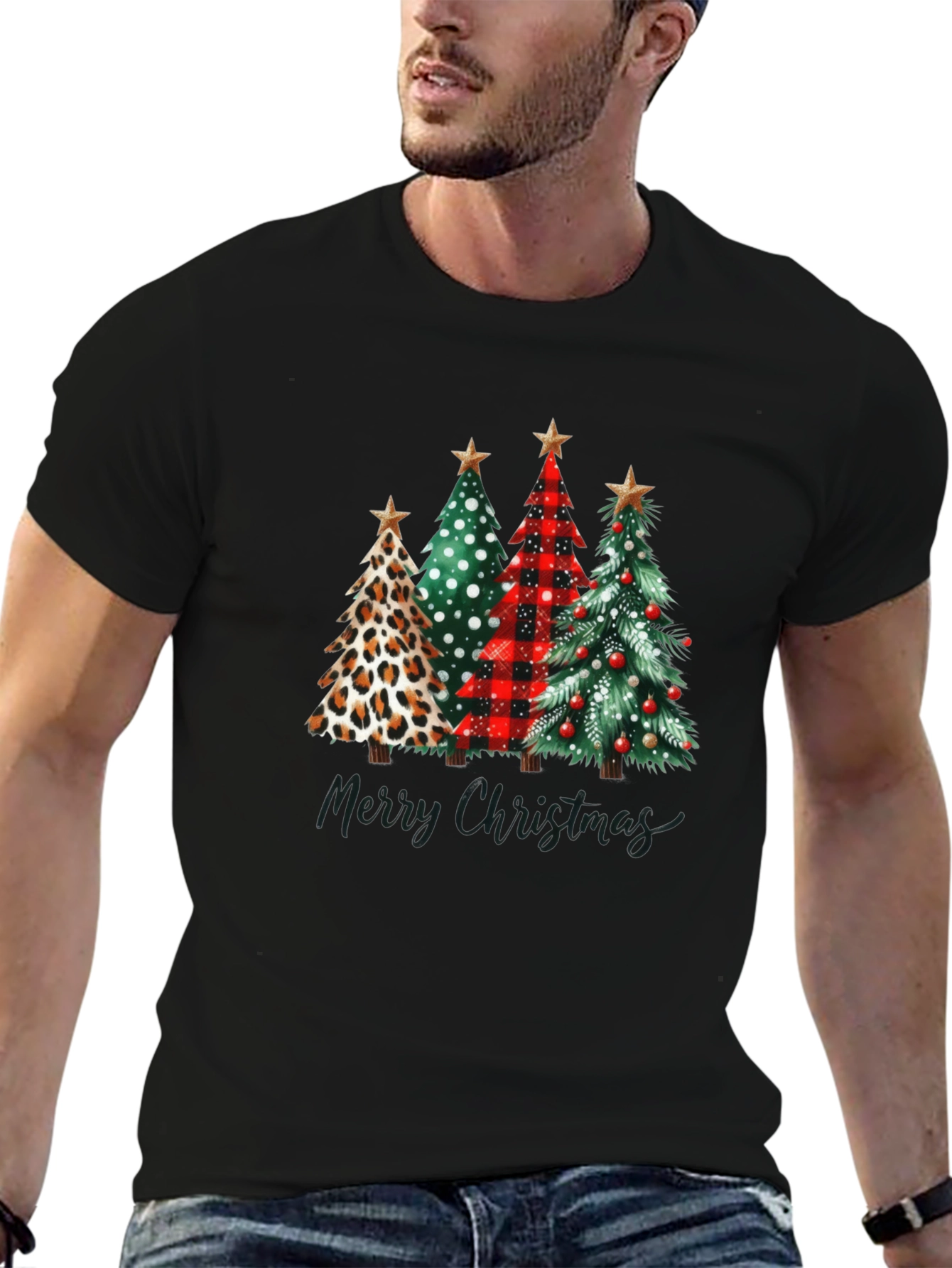 Merry Christmas Trees Black T-Shirt