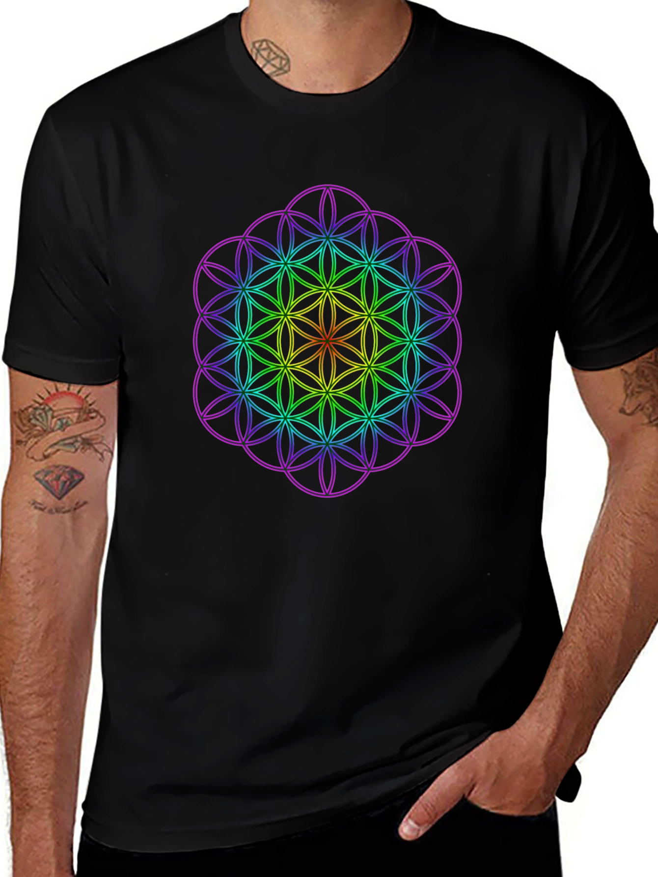 Geometric Rainbow Flower of Life Mens T-Shirt