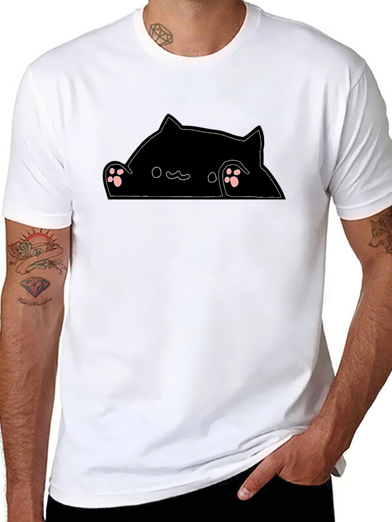 Peek-a-Boo Cat Graphic Tee - Black Cotton Blend T-Shirt