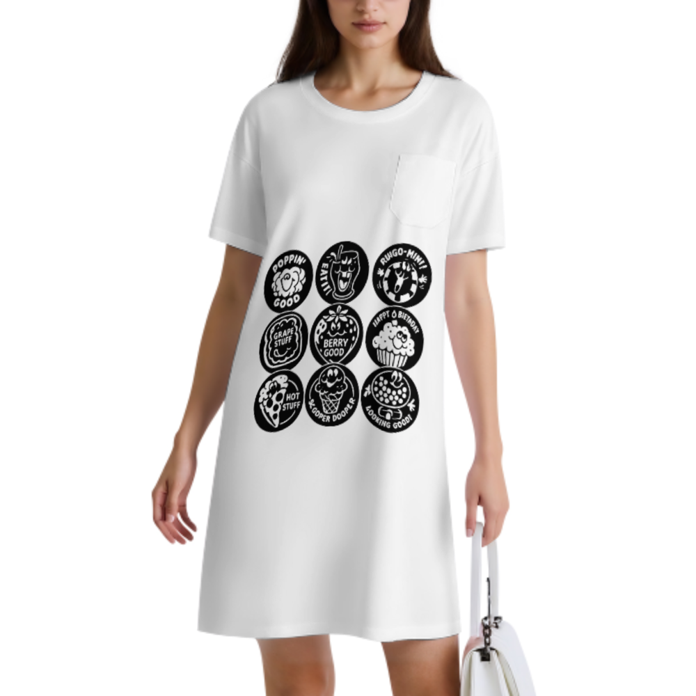 Retro Snack Badge Graphic T-Shirt Dress | Cute Food Lover Collage Tee Dress with Vintage Cartoon Style(z927)