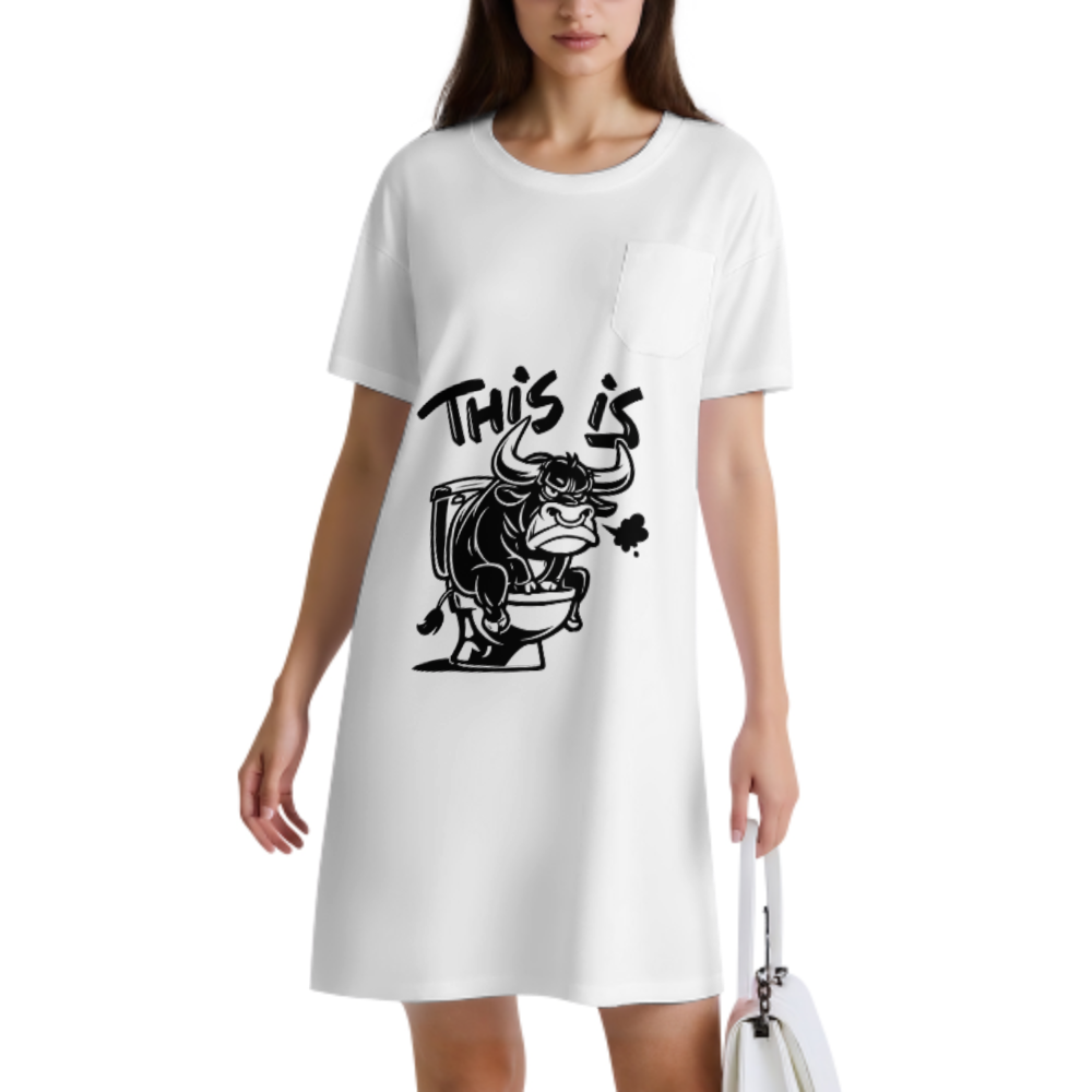 Funny Angry Bull Toilet Graphic T-Shirt Dress | Humorous Farm Animal Cartoon Oversized Tee Dress(z928)