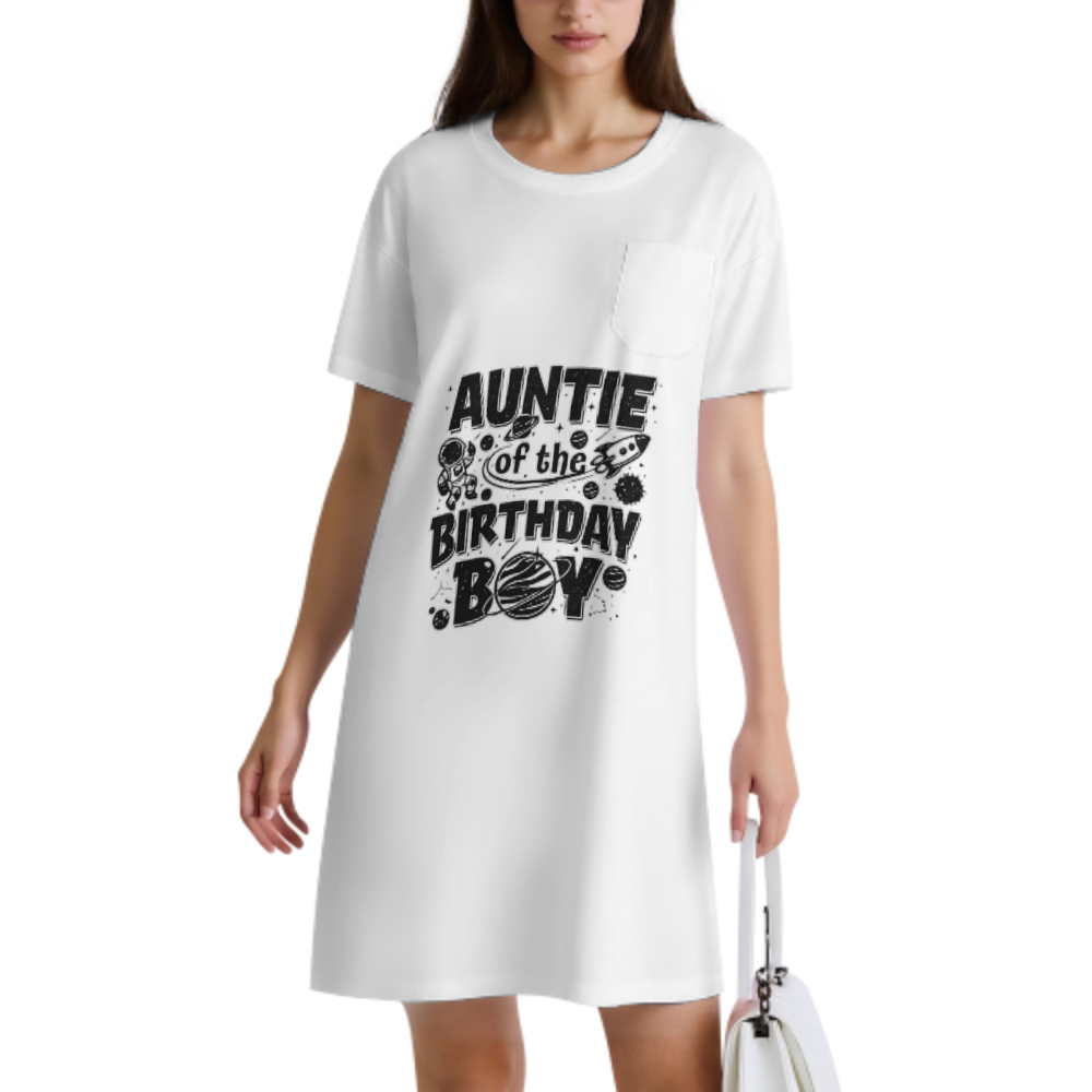 Auntie of the Birthday Boy Space Theme T-Shirt Dress | Fun Family Birthday Party Graphic Tee Dress for Women(z926)