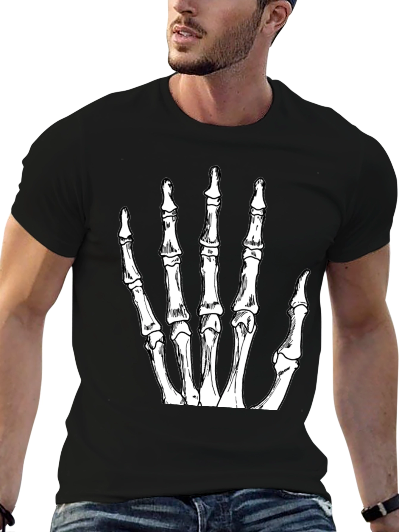 Skeleton Hand Graphic Tee - Black Crew Neck T-Shirt