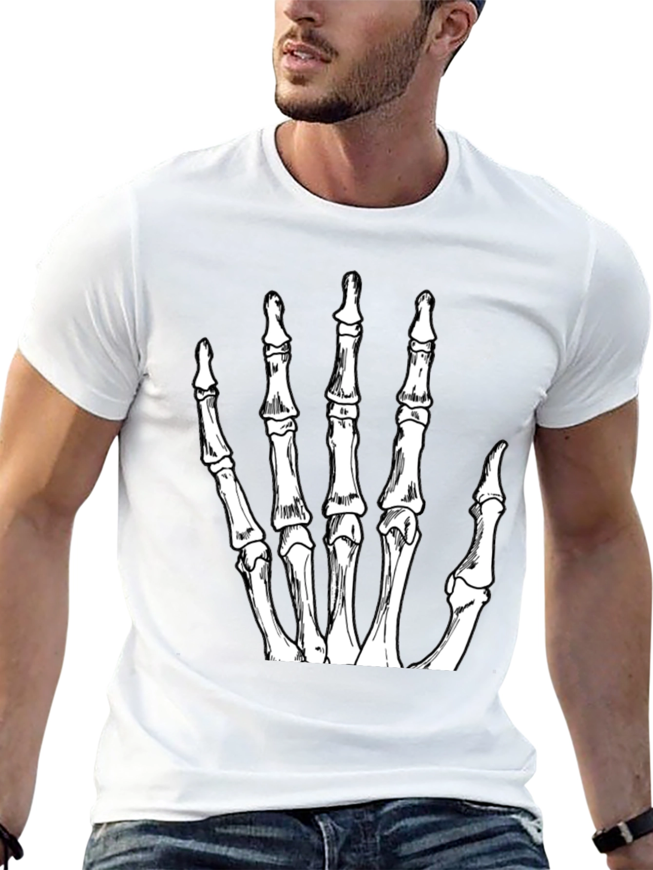 Skeleton Hand Graphic Tee - Black Crew Neck T-Shirt
