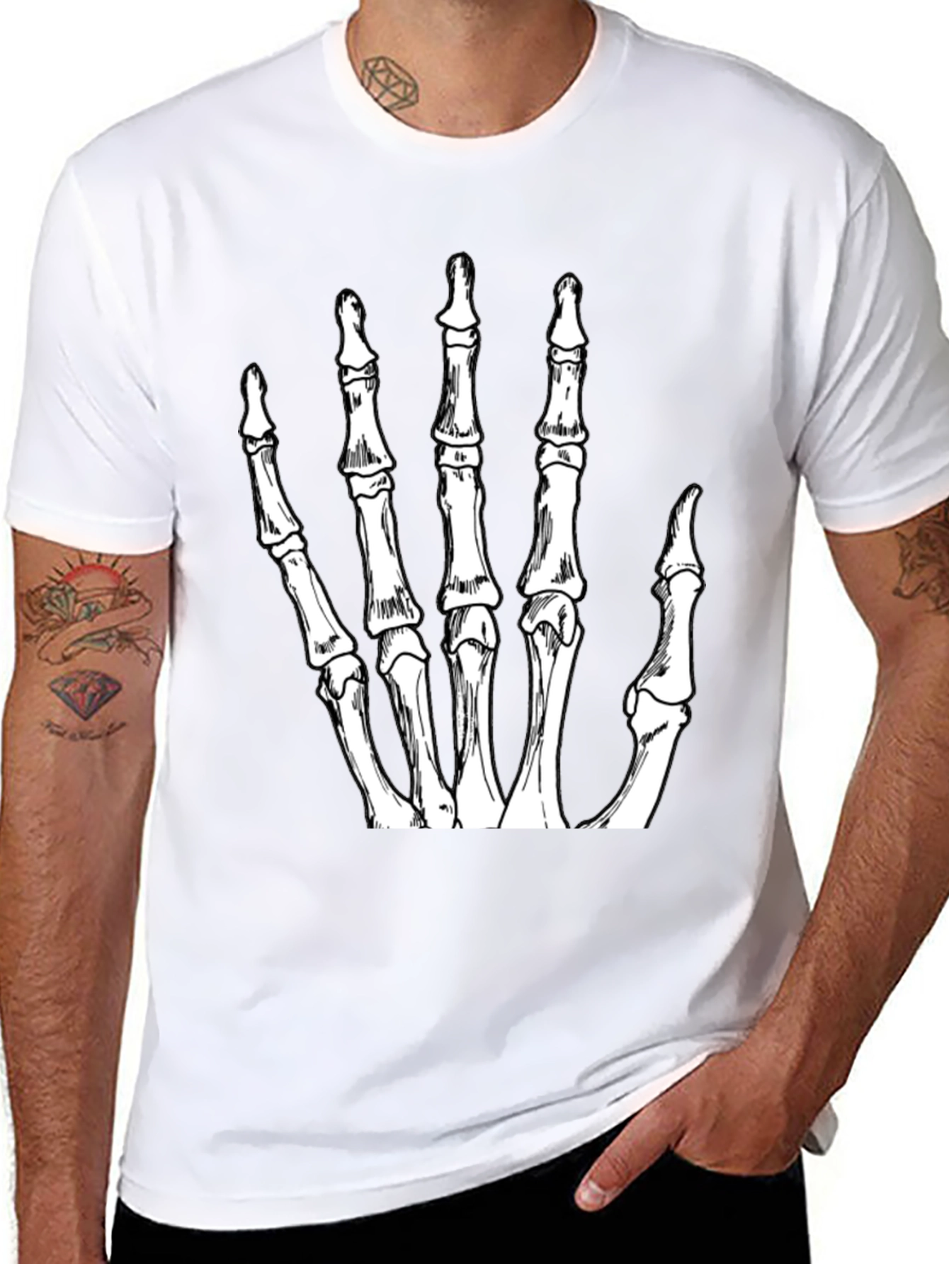 Skeleton Hand Graphic Tee - Black Crew Neck T-Shirt