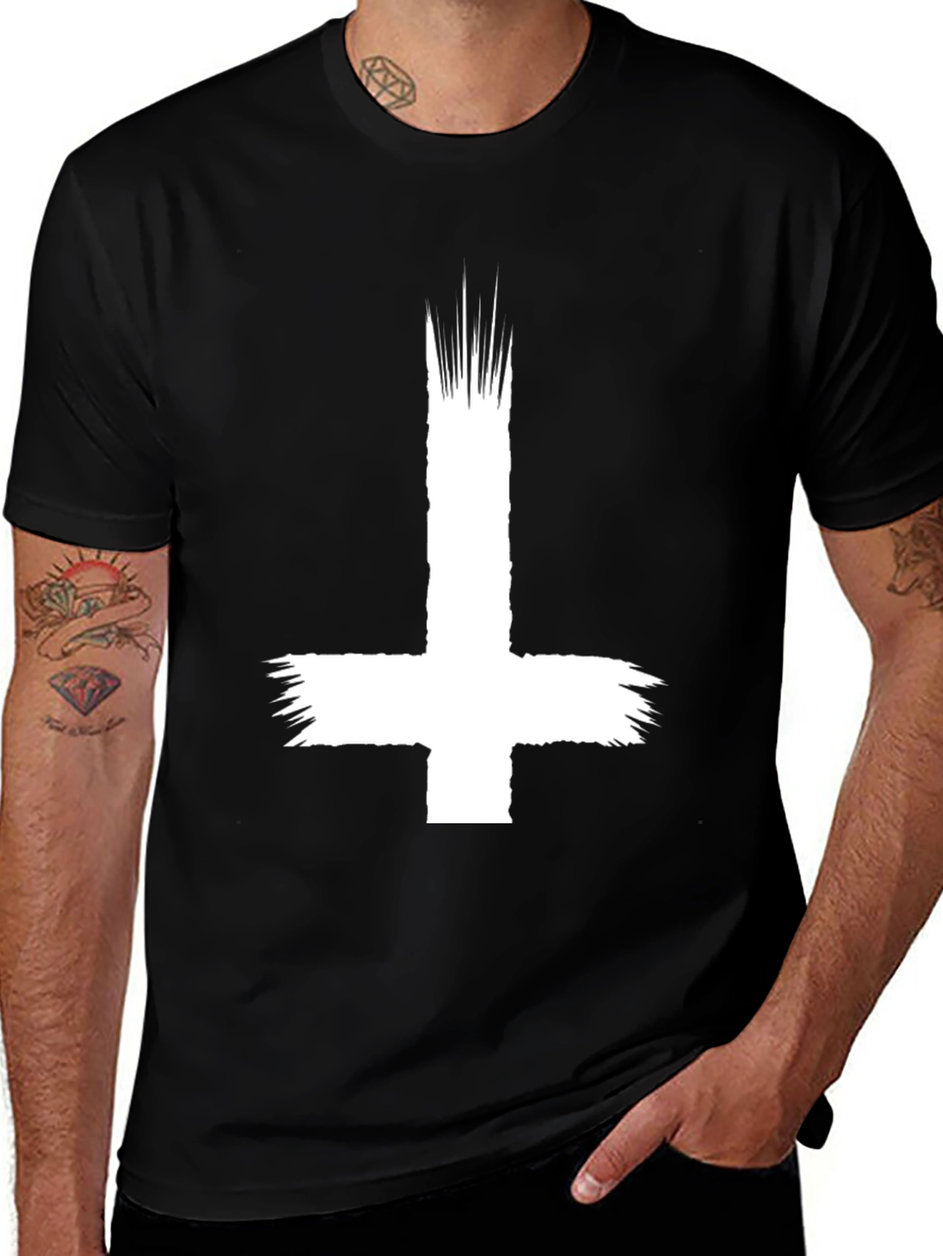 Inverted Cross Graphic Tee - Black Cotton Shirt