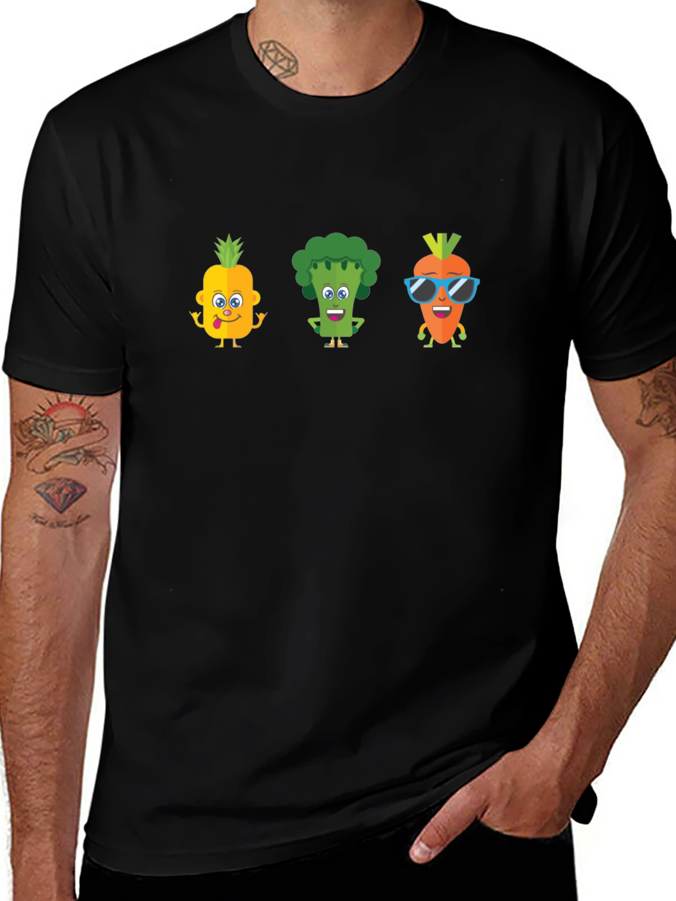Fun Fruit & Veggie Graphic Black T-Shirt