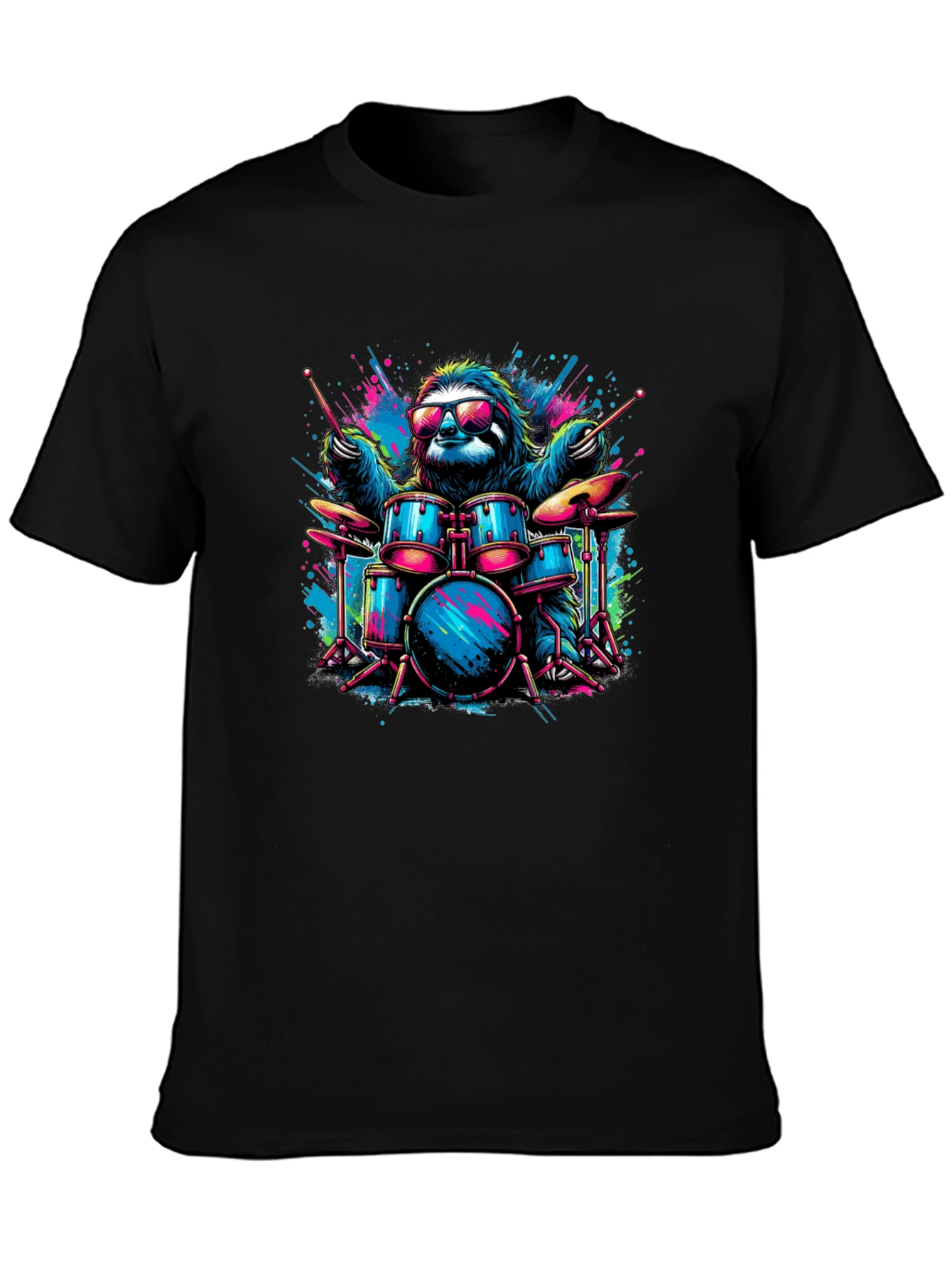 Cool Sloth Drummer Graphic T-Shirt - Black