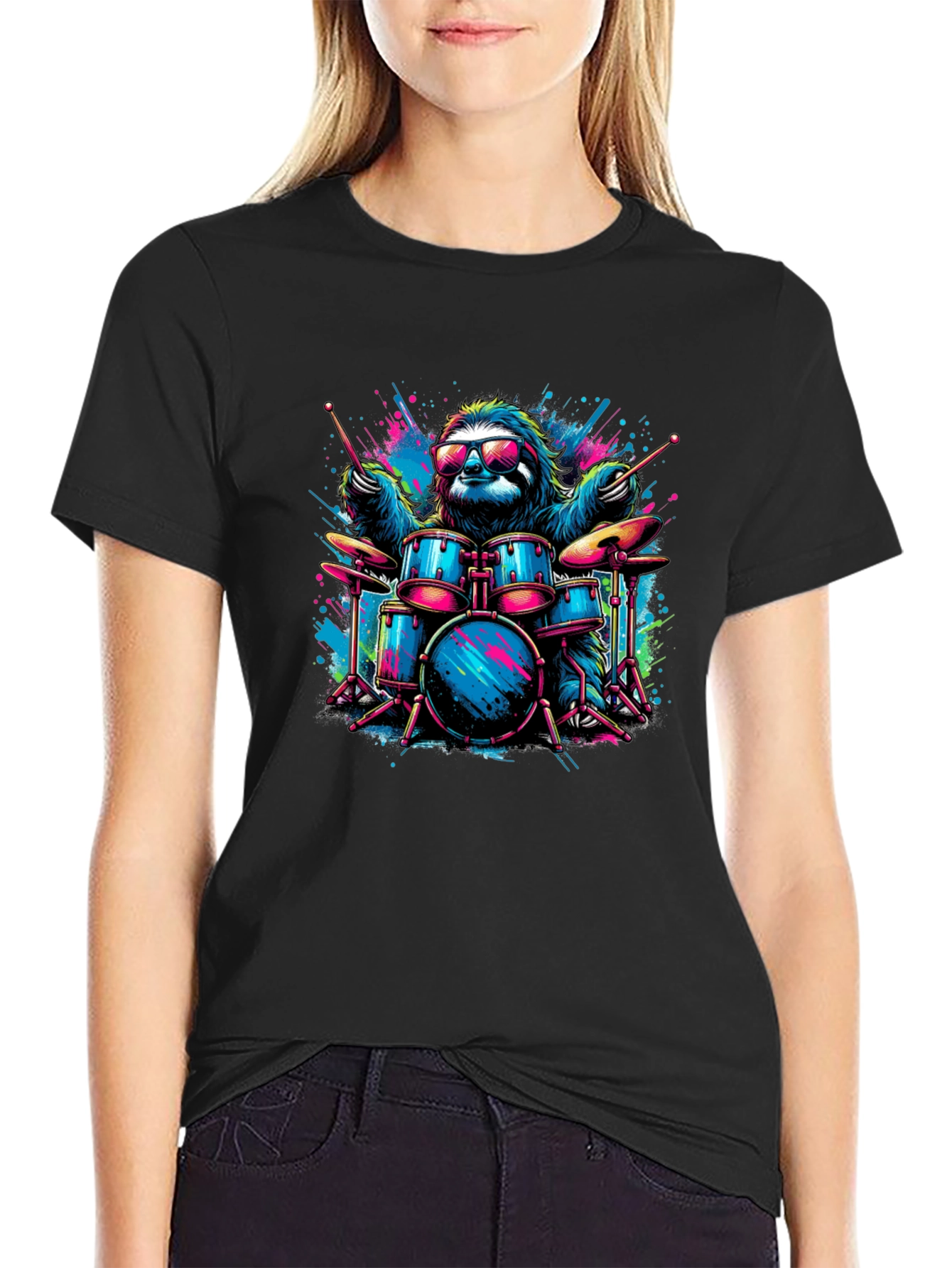 Cool Sloth Drummer Graphic T-Shirt - Black