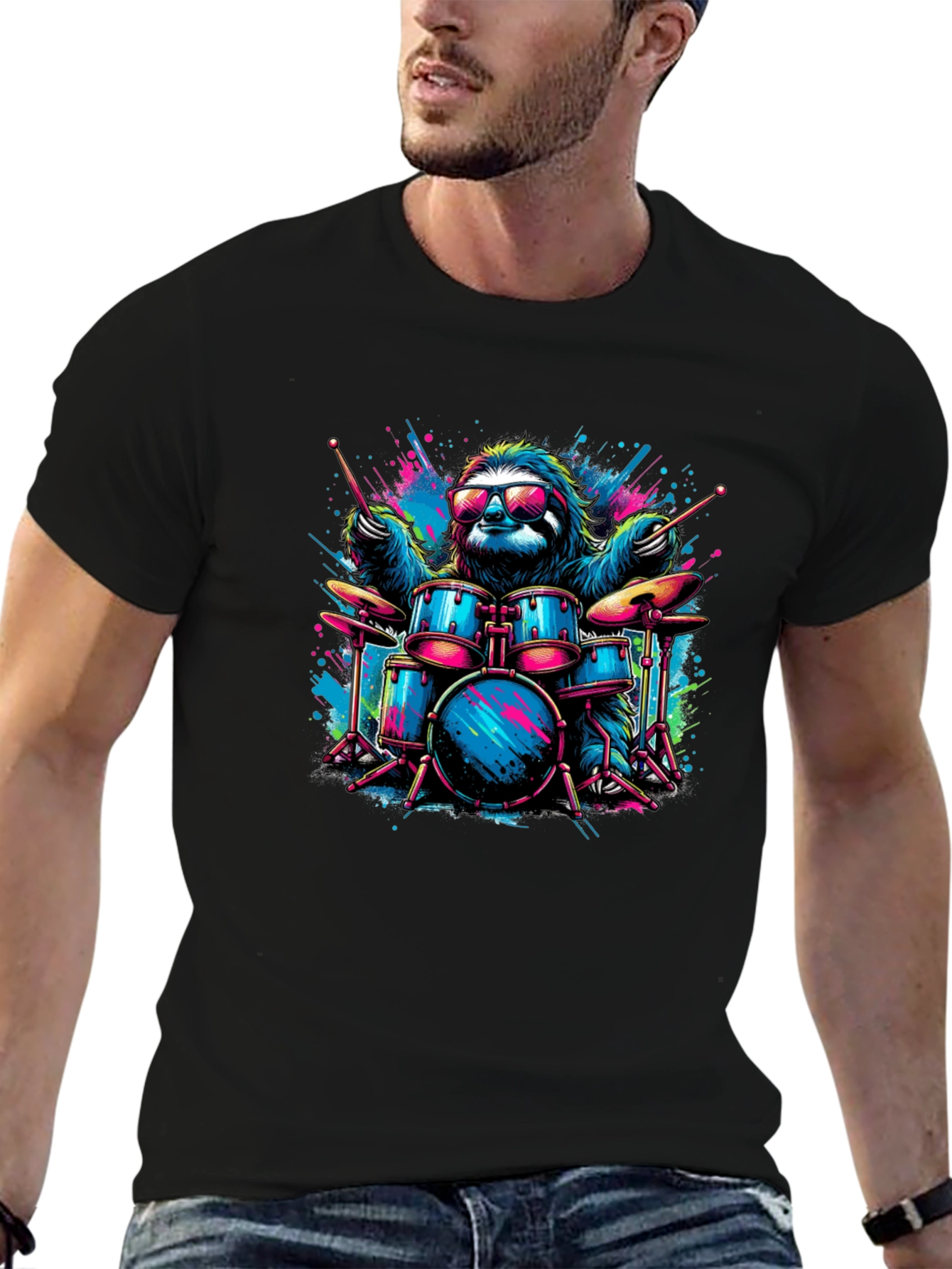 Cool Sloth Drummer Graphic T-Shirt - Black