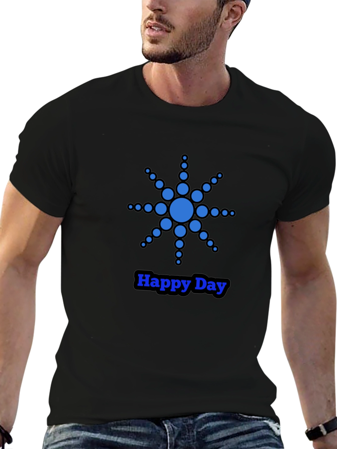 Blue Dot Star Happy Day Black T-Shirt