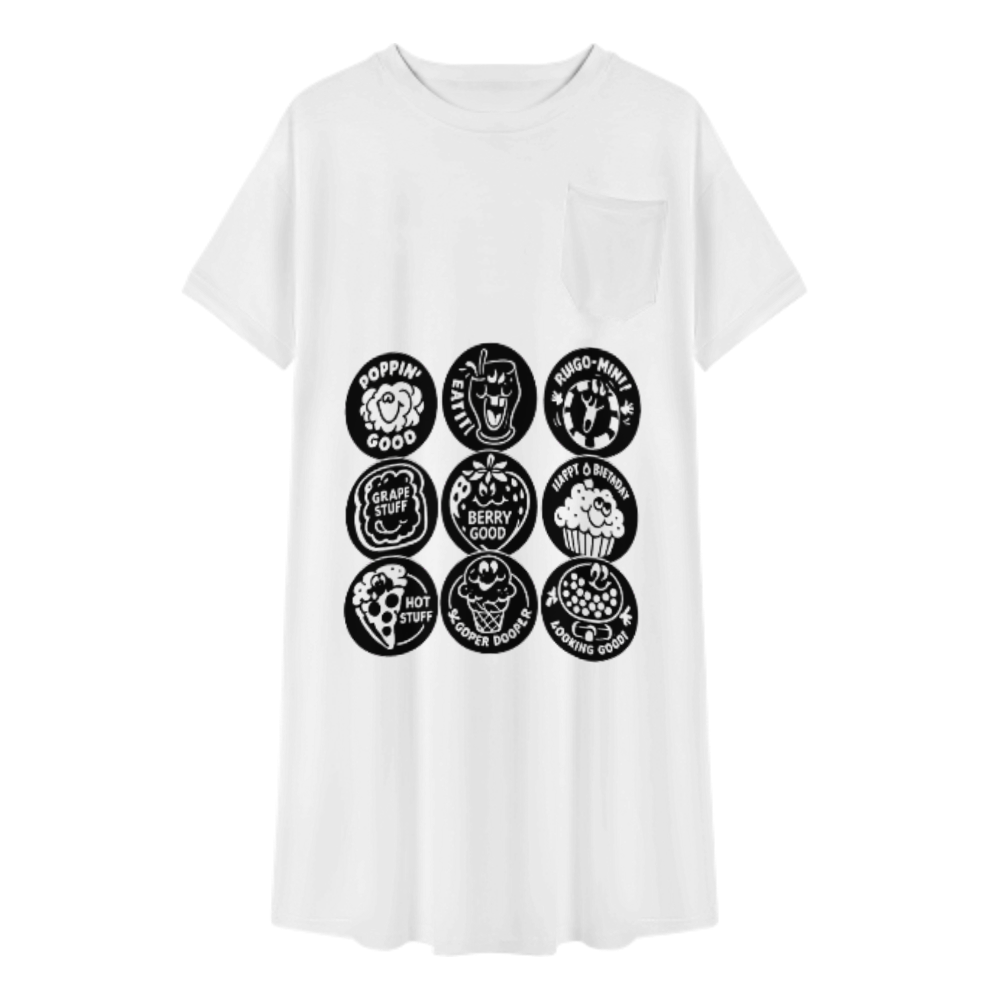 Retro Snack Badge Graphic T-Shirt Dress | Cute Food Lover Collage Tee Dress with Vintage Cartoon Style(z927)