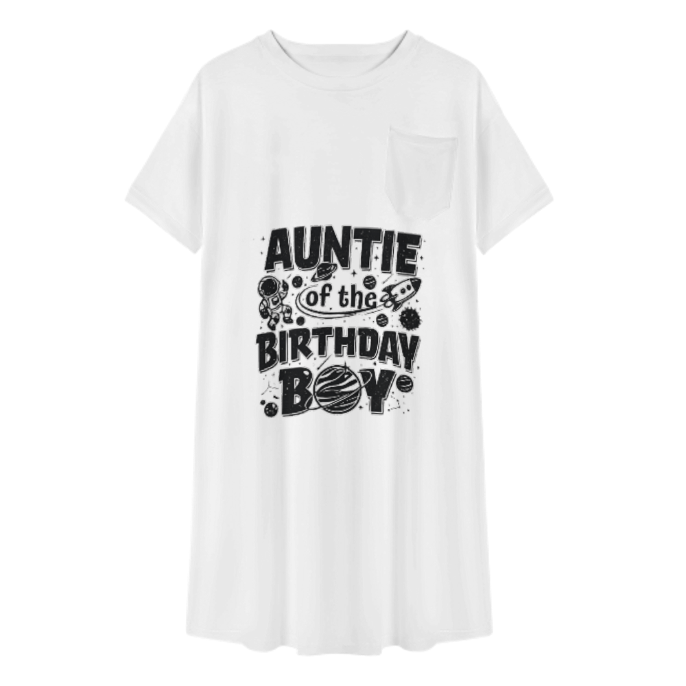 Auntie of the Birthday Boy Space Theme T-Shirt Dress | Fun Family Birthday Party Graphic Tee Dress for Women(z926)