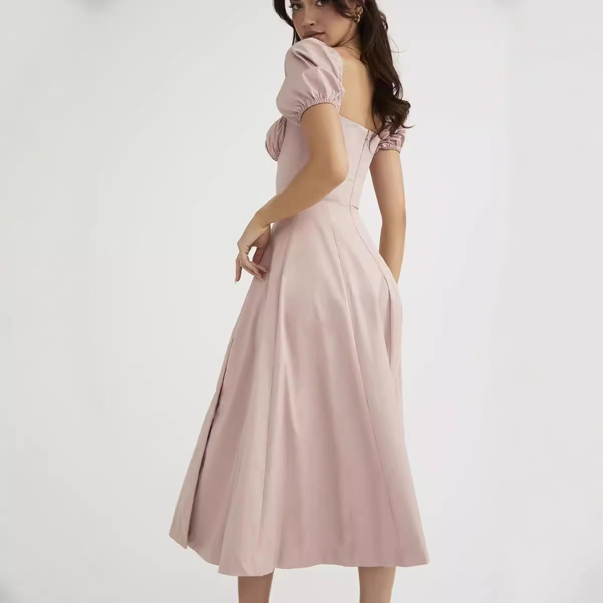 Women's square-neck pleated puff sleeve camisole dress