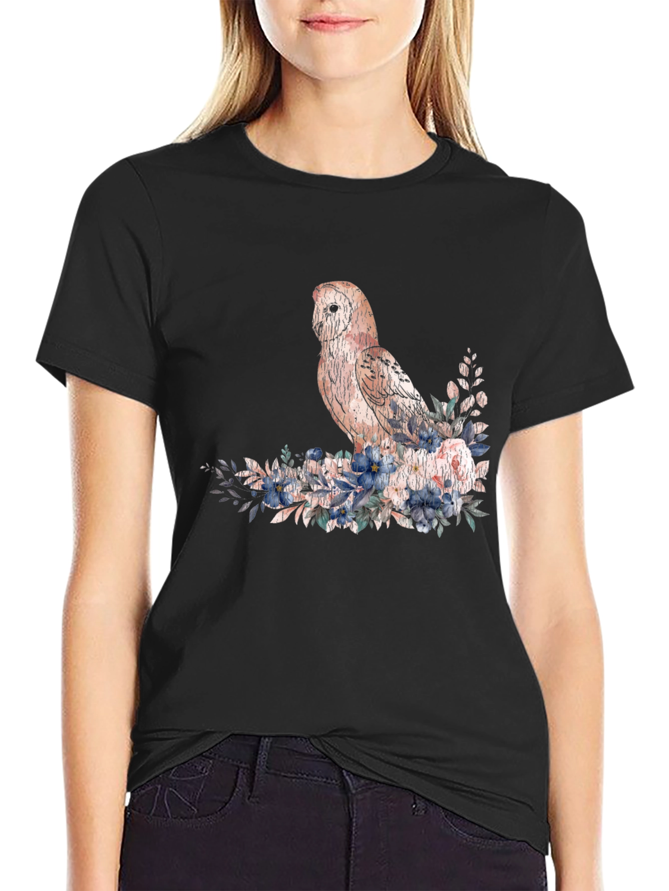 Owl and Floral T-Shirt - Black
