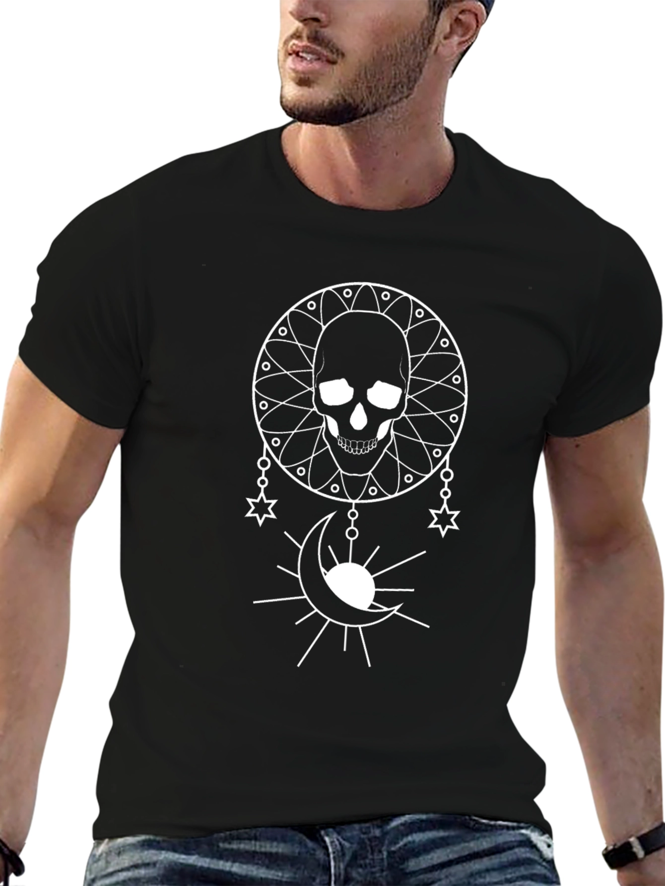 Skull & Moon Graphic Tee - Black Cotton Shirt