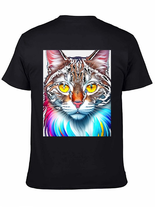 Colorful Cat Graphic Print Black T-Shirt