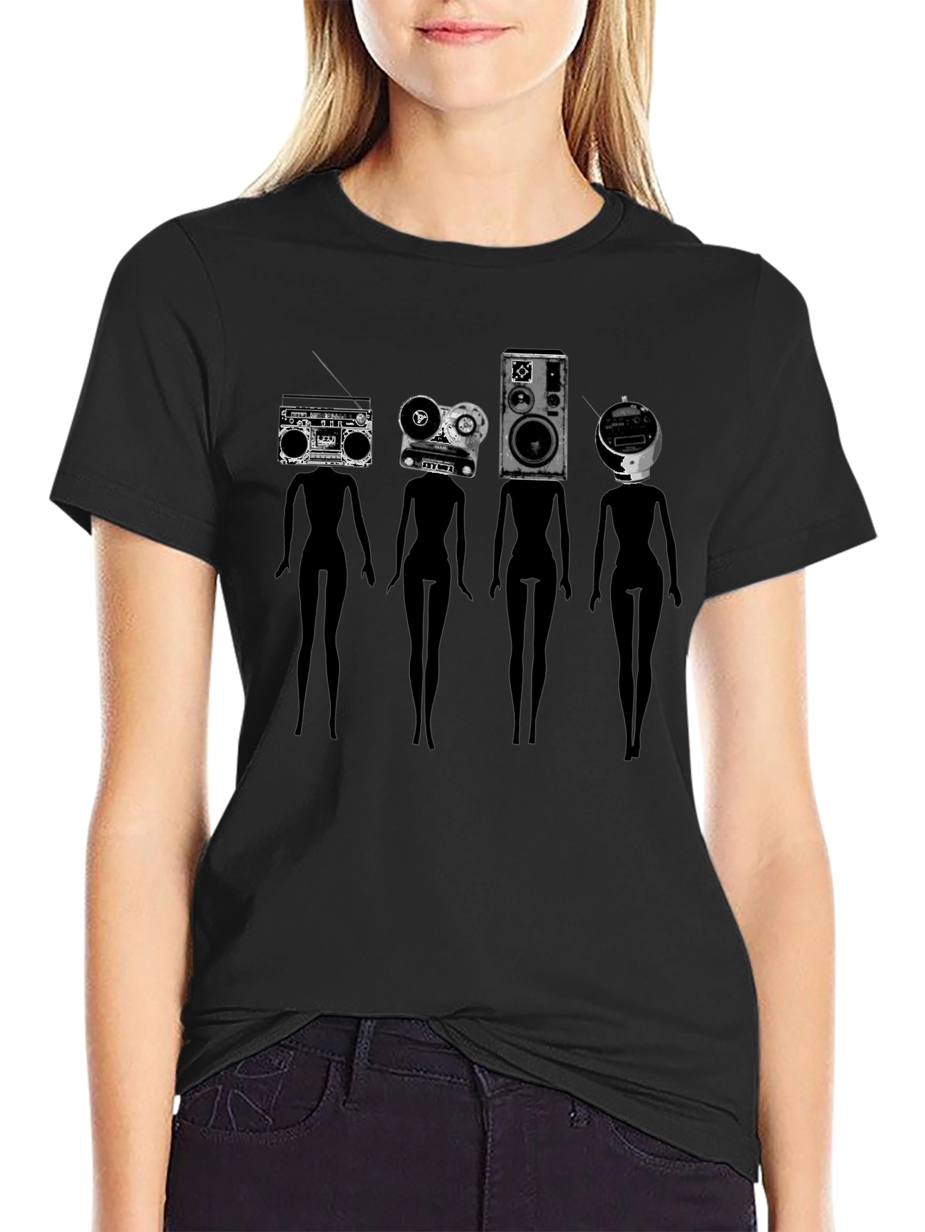 Novelty Black T-Shirt with Retro Audio Head Silhouettes
