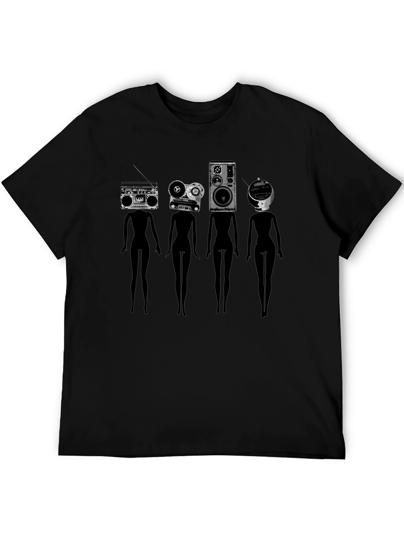 Novelty Black T-Shirt with Retro Audio Head Silhouettes