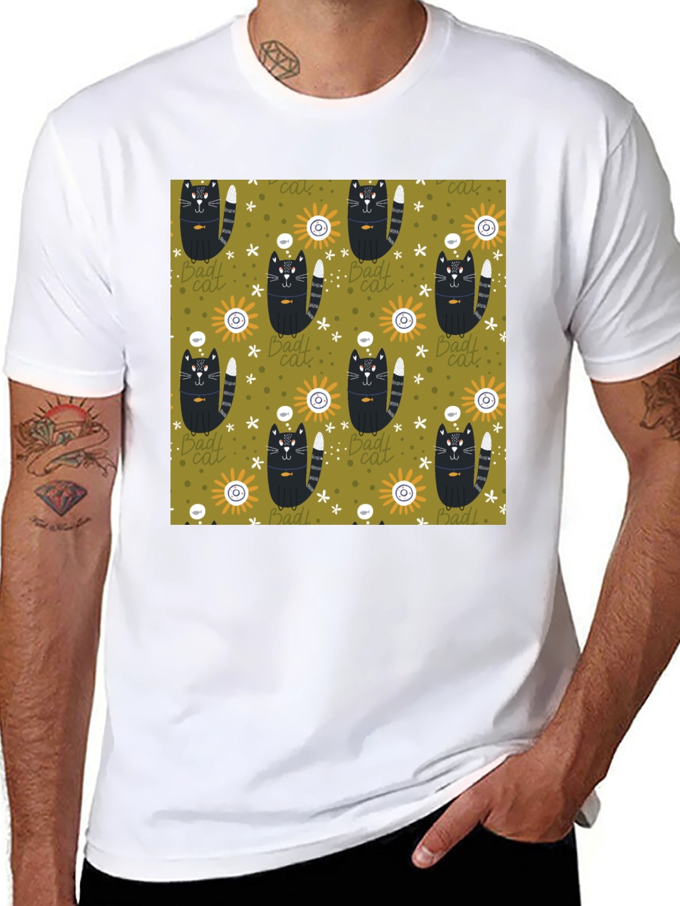 Mens Black T-Shirt with Bad Cats Pattern