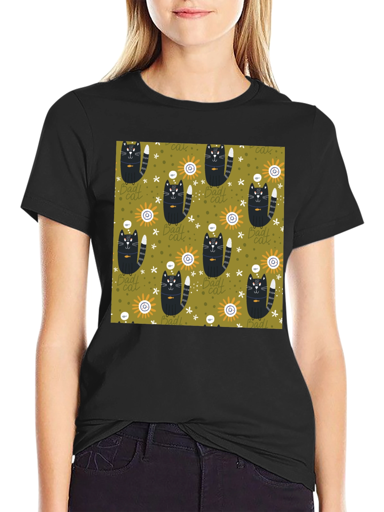 Mens Black T-Shirt with Bad Cats Pattern