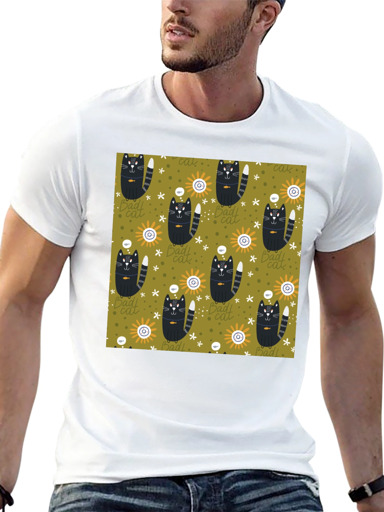 Mens Black T-Shirt with Bad Cats Pattern