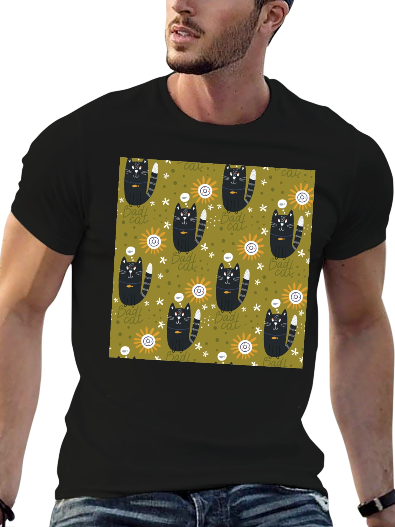 Mens Black T-Shirt with Bad Cats Pattern