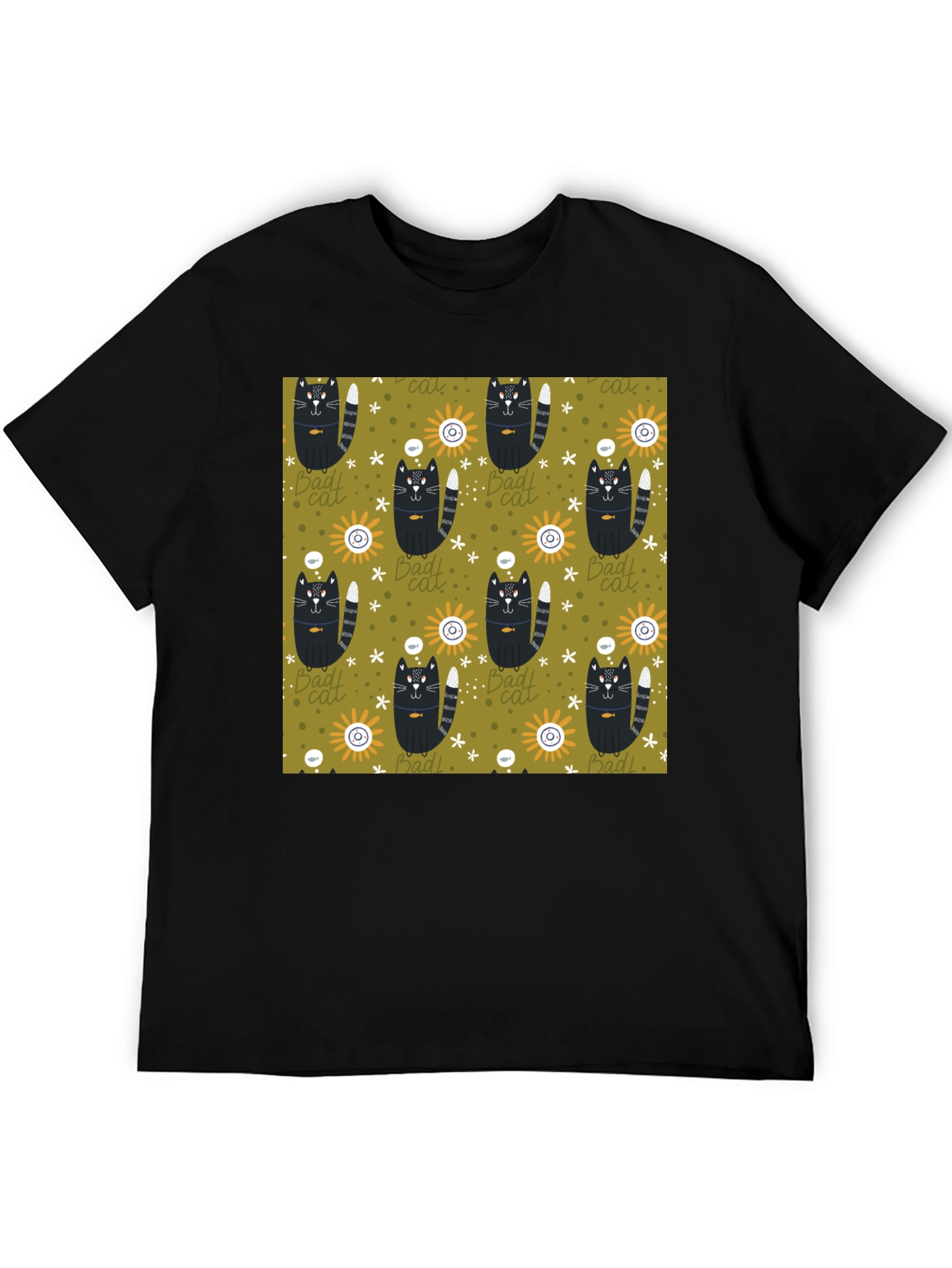 Mens Black T-Shirt with Bad Cats Pattern