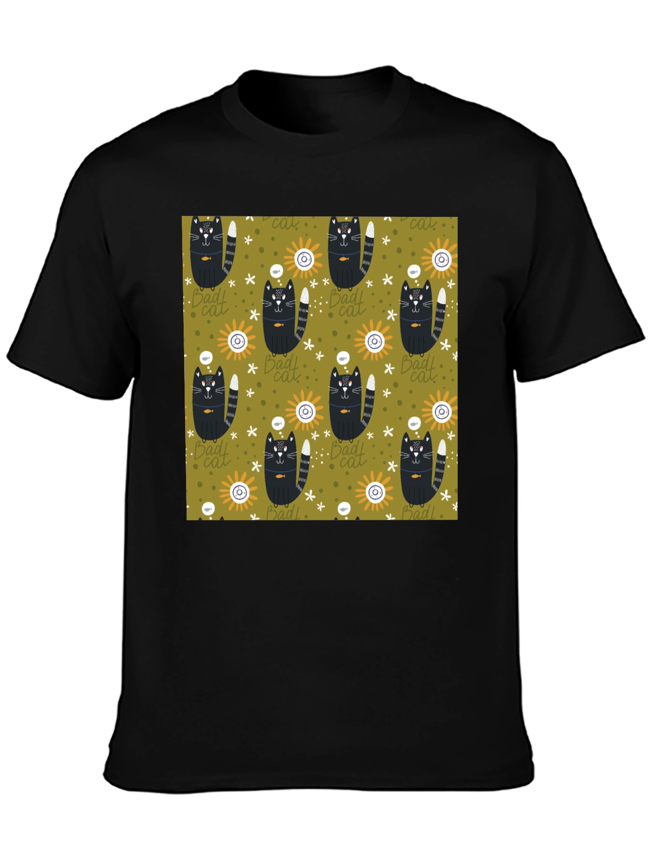 Mens Black T-Shirt with Bad Cats Pattern