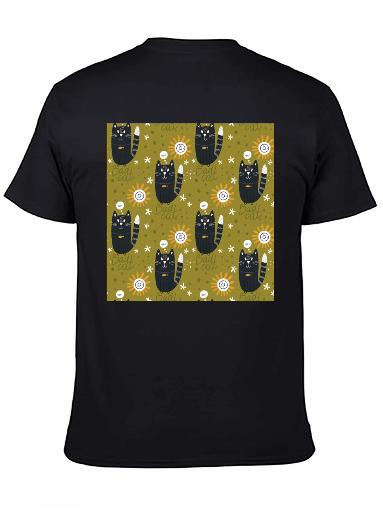 Mens Black T-Shirt with Bad Cats Pattern