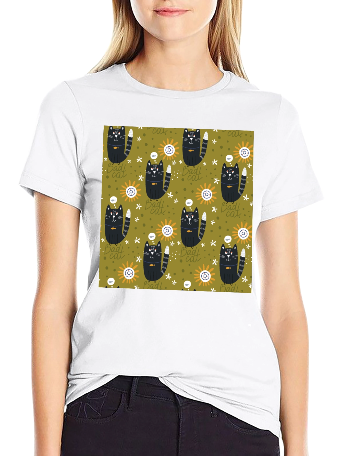 Mens Black T-Shirt with Bad Cats Pattern
