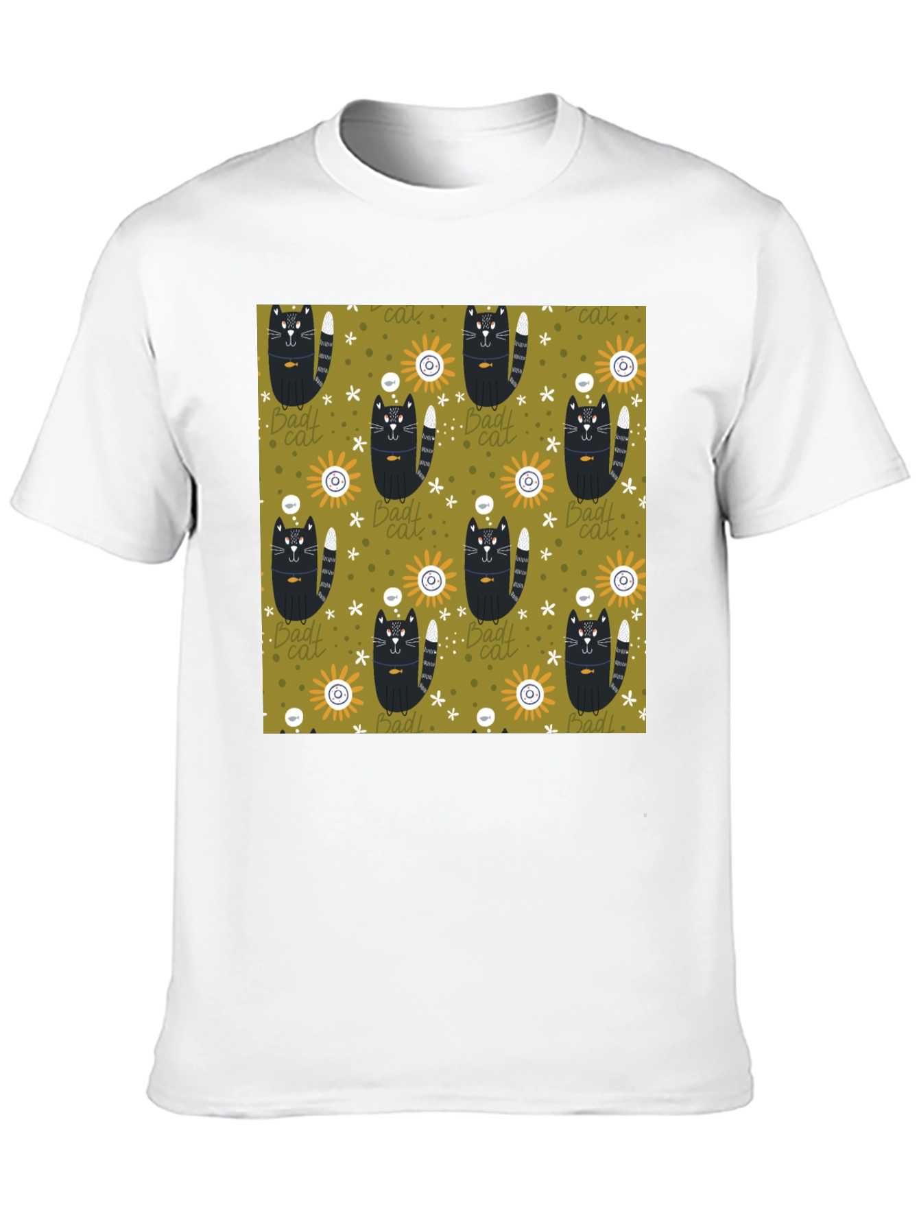 Mens Black T-Shirt with Bad Cats Pattern