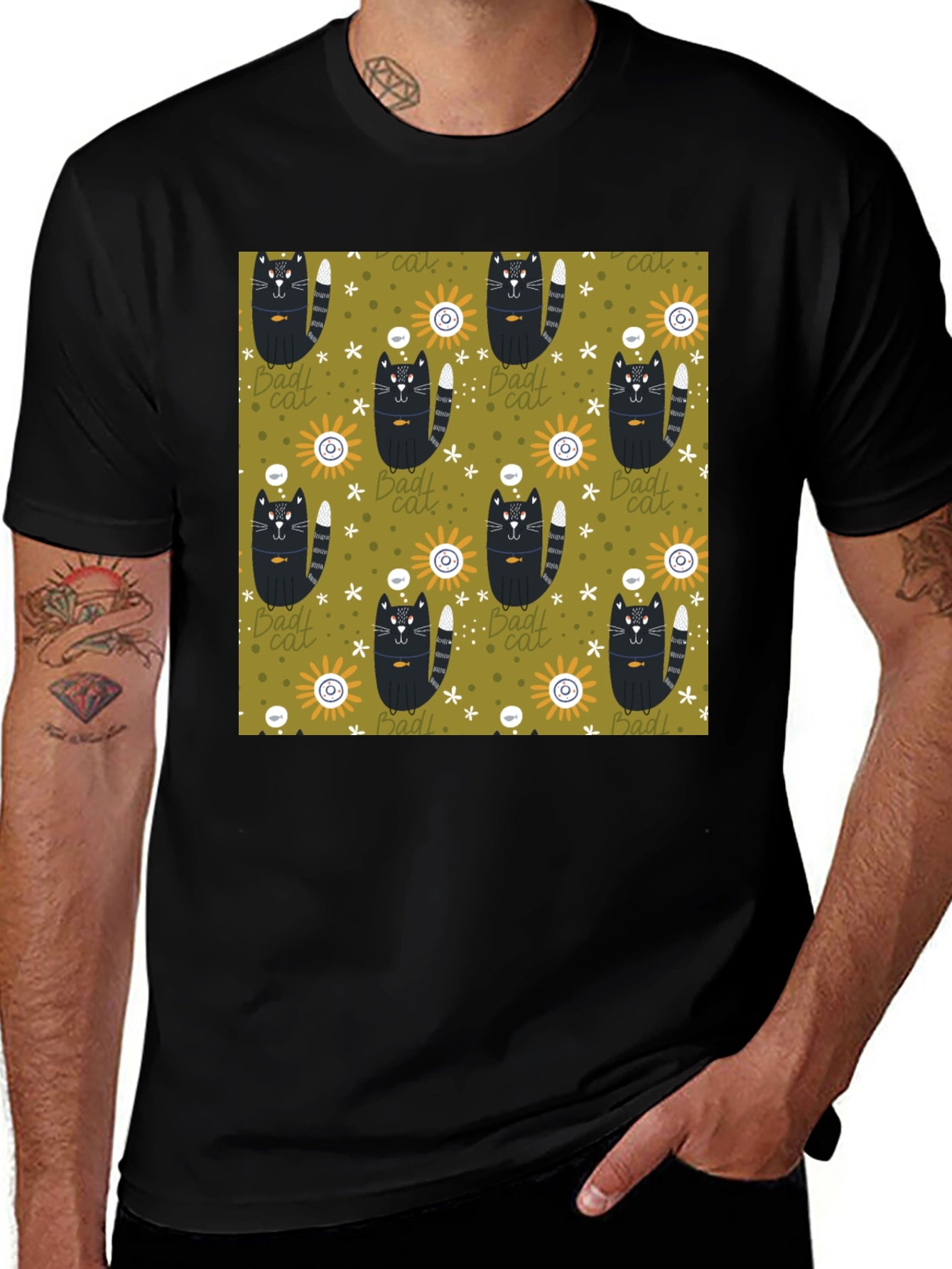 Mens Black T-Shirt with Bad Cats Pattern