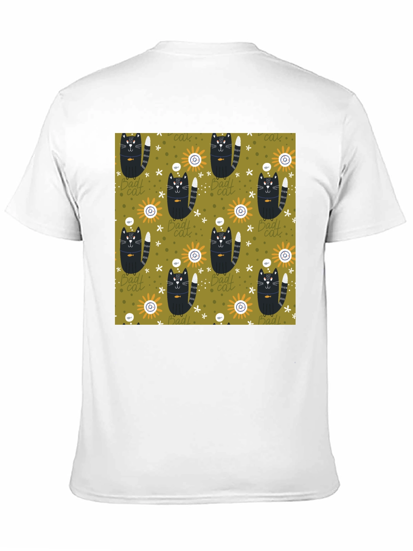 Mens Black T-Shirt with Bad Cats Pattern